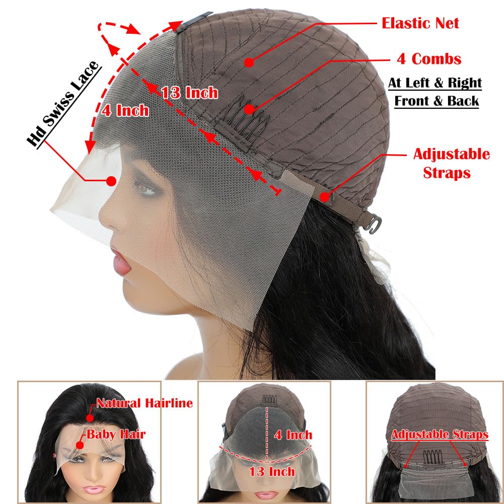 13x4 HD Transparent Lace Front Wig Human Hair - 180% Density Body Wave Pre Plucked Glueless Wig with Baby Hair for Black Women | 30 Inch Natural Black | Perfect for Daily Wear, Parties & Special Occasions