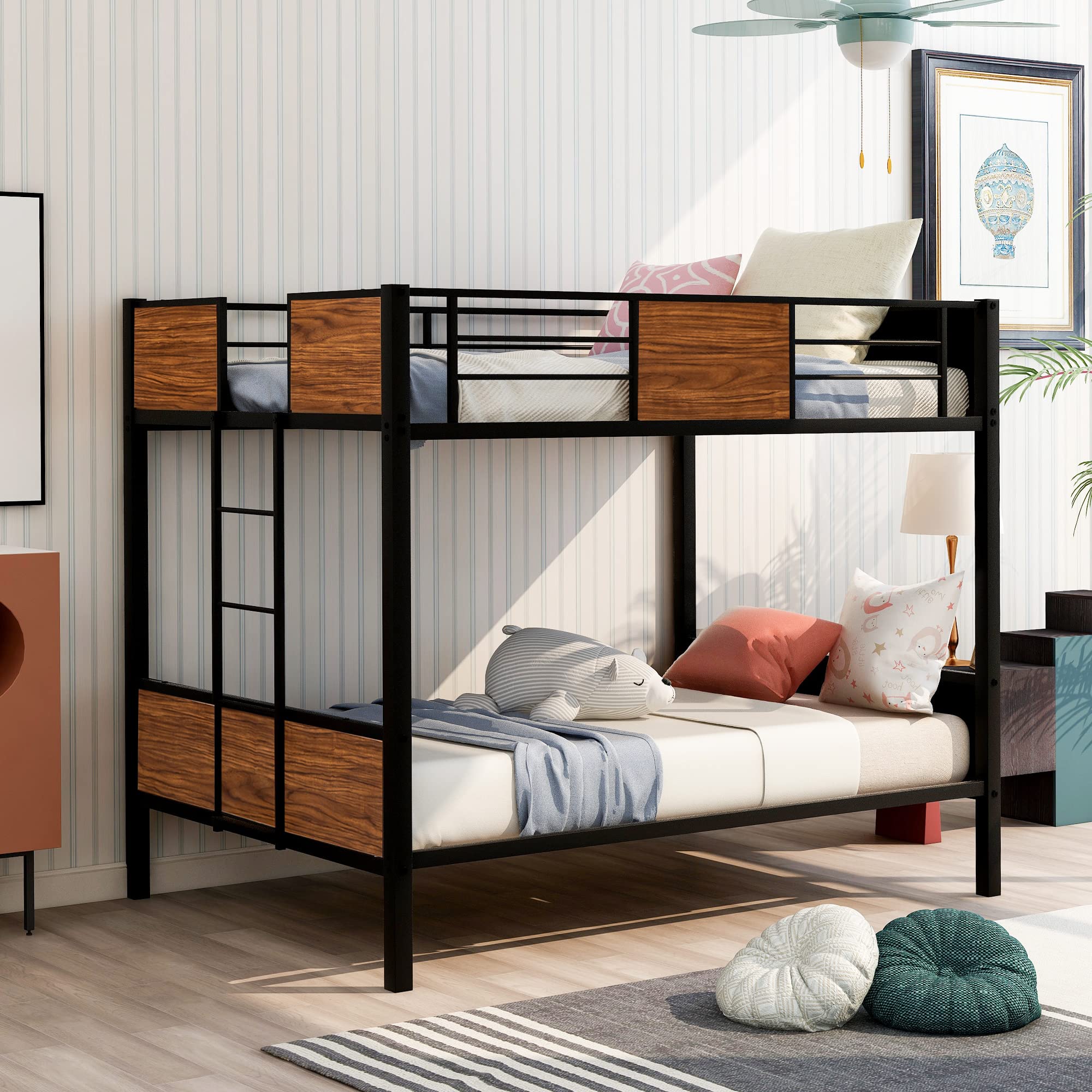 Sturdy Metal Bunk Bed with Built-in Ladder | Full Over Full Size Bed Frame with Safety Guardrails | Space-Saving Dorm & Bedroom Furniture | Under Bed Storage Design | Ideal for Kids Rooms, Guest Rooms & Small Spaces (Black)