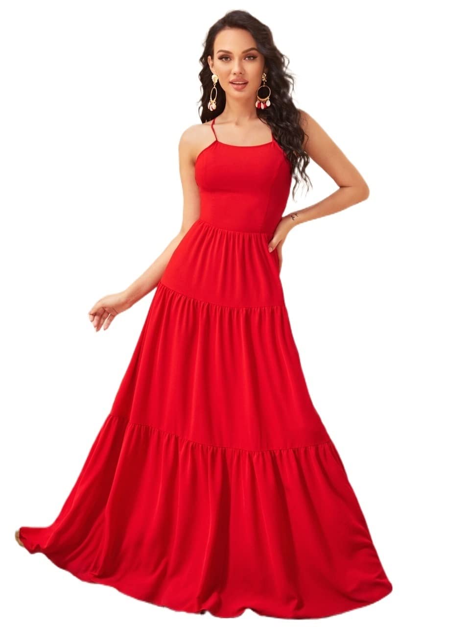 2022 Women's Summer Lace-Up Halter Tiered Ruffled Maxi Dress - Flowy Beach Wedding Party Dress for Women | Breezy Vacation & Outdoor Occasion Wear