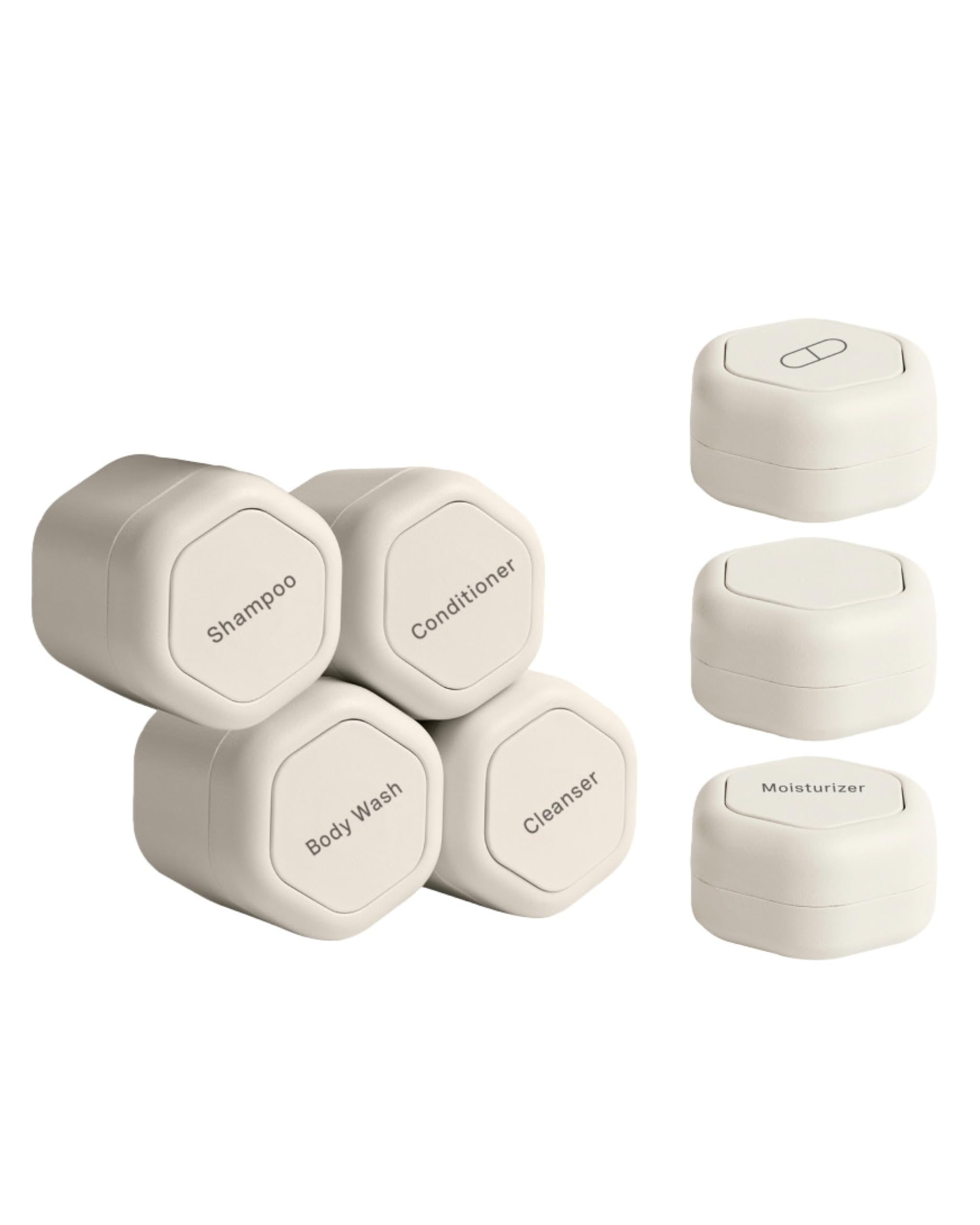 Cadence Travel Containers - Magnetic Leakproof Capsule Set for Shampoo, Conditioner, Body Wash & Pills - 4 Medium (1.32oz) & 3 Small (0.56oz) Flex Containers - Sand Color - Perfect for Gym, Travel & Daily Essentials Organization