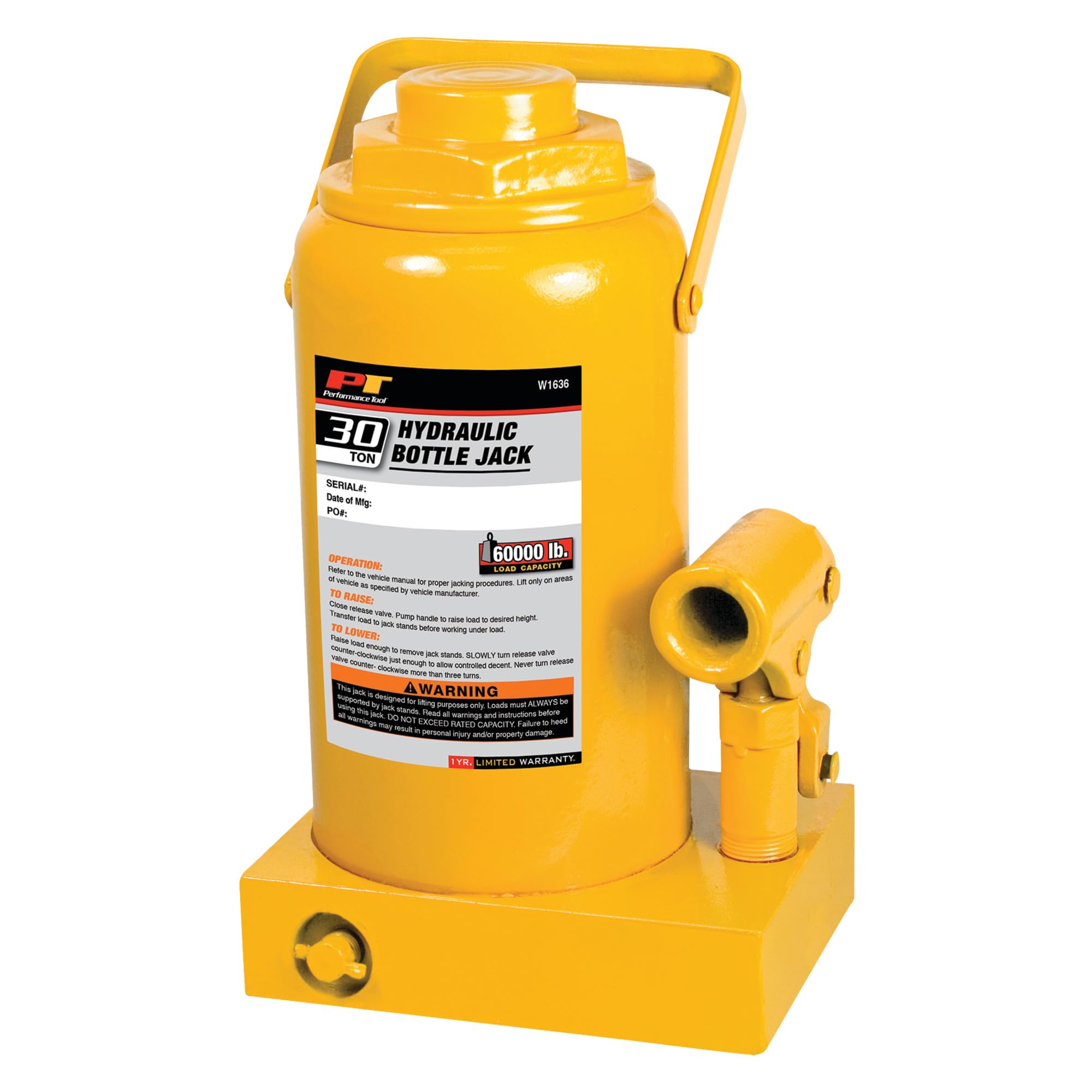 Performance Tool W1636 30 Ton (60,000 lbs) Heavy Duty Hydraulic Bottle Jack - 11.25