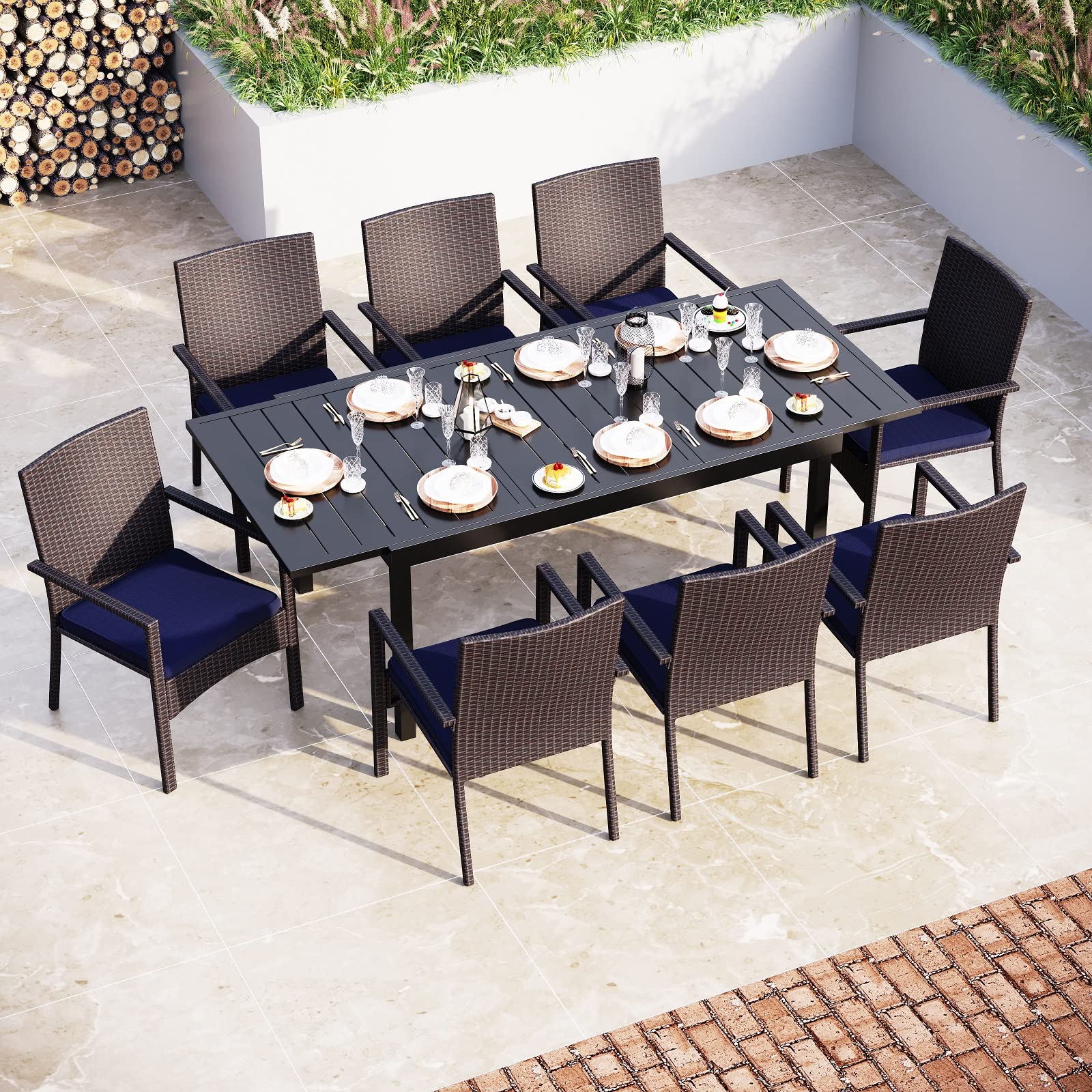 Sophia & William 9-Piece Outdoor Patio Dining Set for 6-8 People - Expandable Metal Table & PE Rattan Chairs with Cushions - Modern Conversation Furniture for Terrace, Porch, Backyard, Garden or Poolside Entertaining