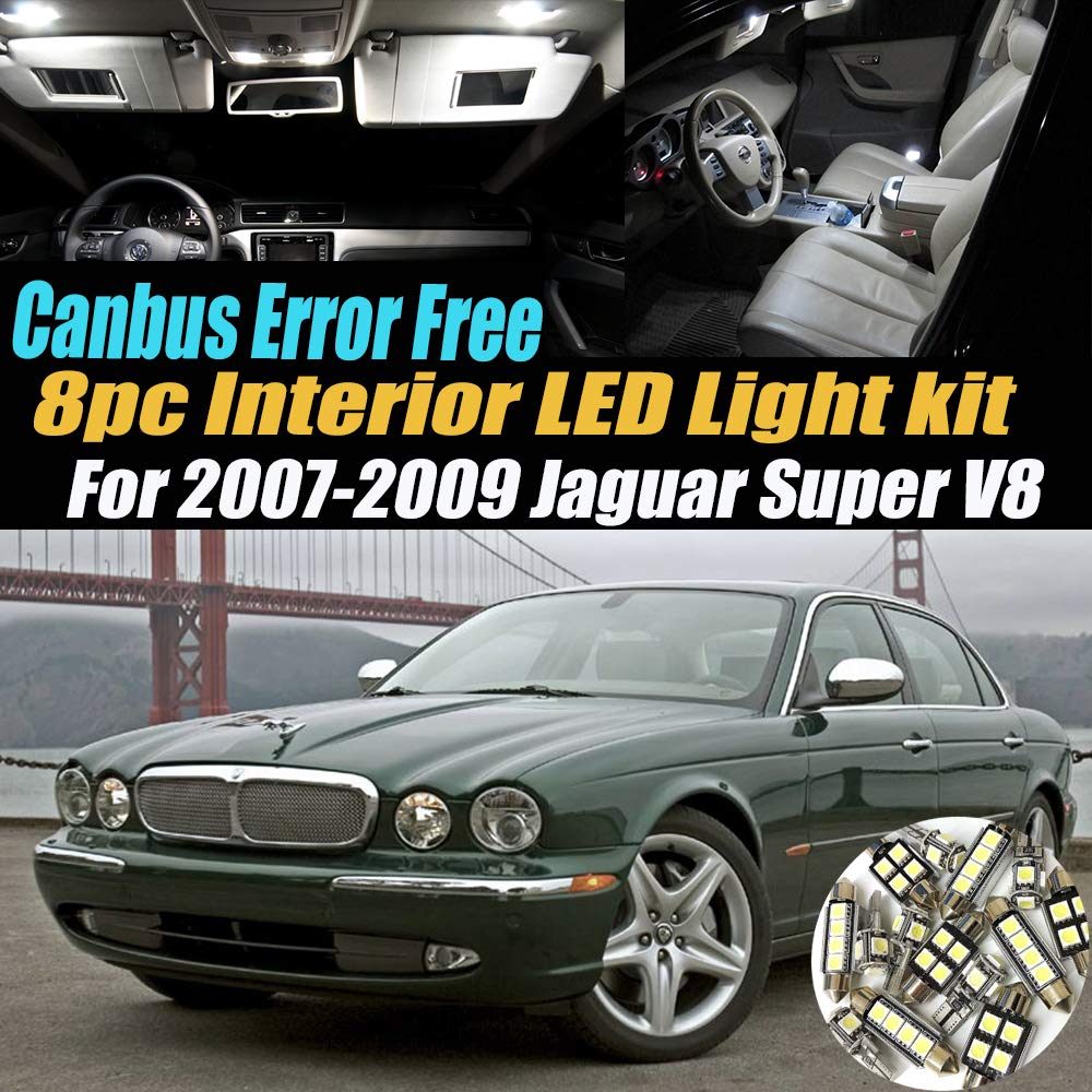 8Pc Canbus Error Free Super White 6000K LED Interior Light Kit for 2007-2009 Jaguar Super V8 - Advanced Computer System Compatible - Perfect for Night Driving & Car Customization