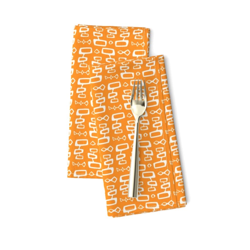 Retro Vintage Mid Century Modern Cotton Sateen Dinner Napkins Set of 2 - Abstract Orange Tiki Space Print Cloth Napkins for Dining Table Decor, Party Supplies & Kitchen Accessories