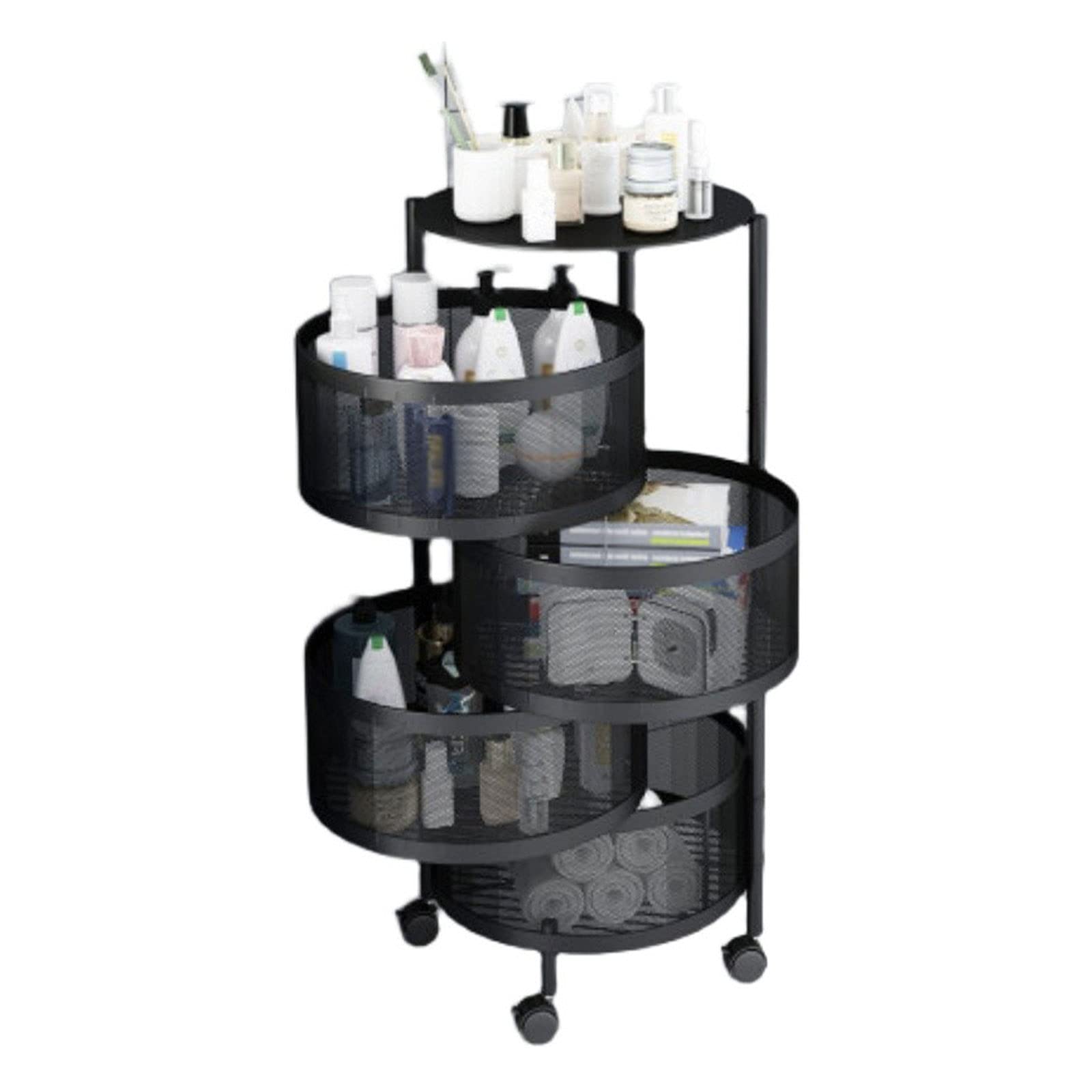4-Layer Rotating Storage Basket Organizer - Metal Kitchen Storage Rack for Fruits & Vegetables - Black Round Household Organizer for Living Room, Bathroom & Kitchen - Perfect for Pantry Organization & Small Space Storage