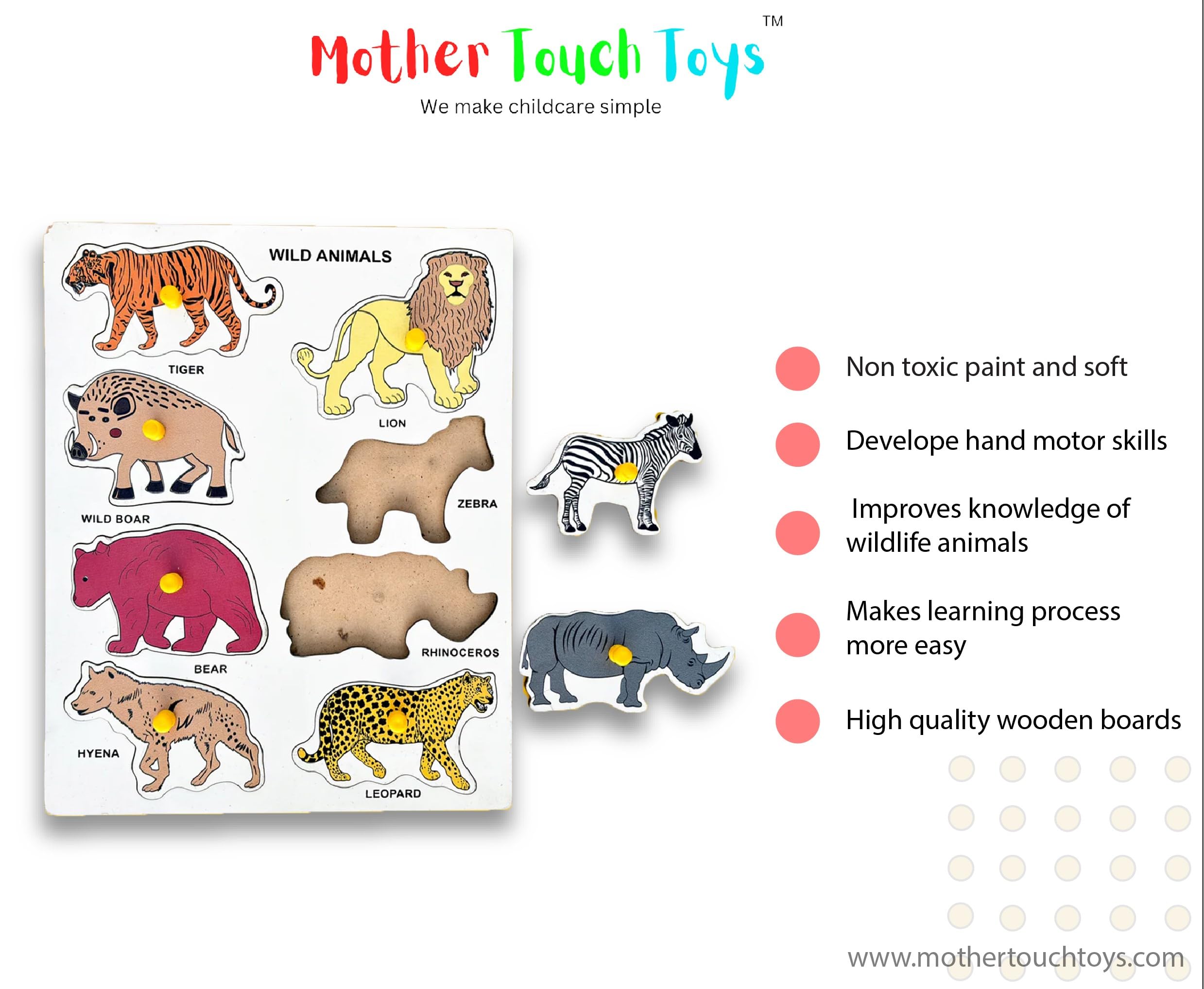 Mother Touch Wooden Wild Animal Board - Educational Learning Toy for Toddlers Ages 2+ | Eco-Friendly Montessori Toy | Safari Animal Recognition Game for Preschool Kids | Perfect for Early Childhood Development & Sensory Play