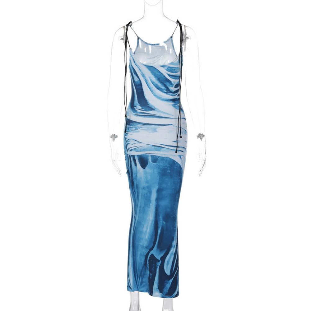 Sexy Women's 3D Print Bodycon Maxi Dress - Spaghetti Strap, Slim Fit, Backless Long Dress for Summer Beach Party, Club Night, Date Night & Vacation