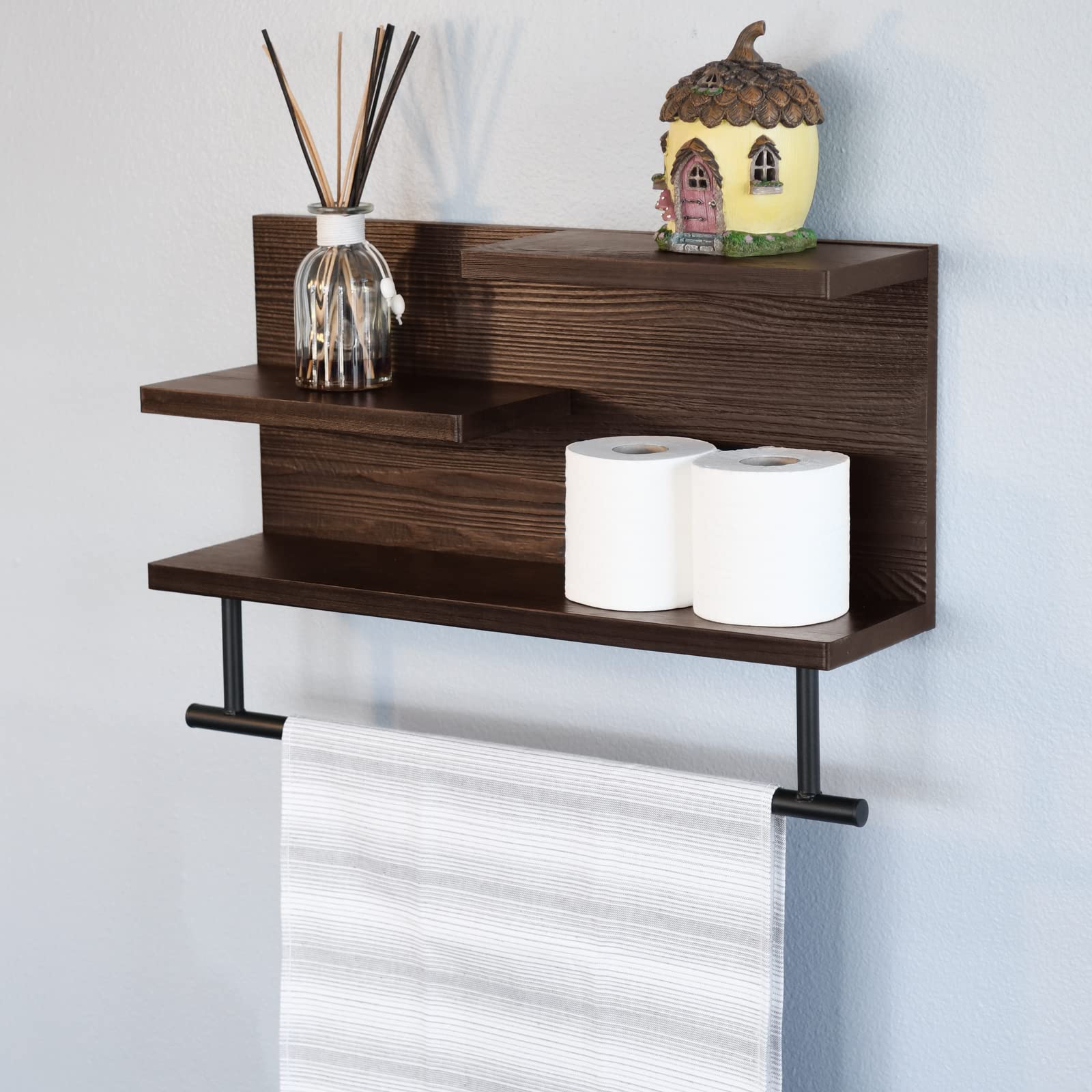 3-Tier Floating Shelf with Towel Bar - Wall Mounted Bathroom Storage Shelf for Towels & Decor - Space Saving Organizer for Kitchen, Bedroom, Living Room - 24 Inch White Wooden Shelf - Perfect for Small Bathrooms & Apartment Decor