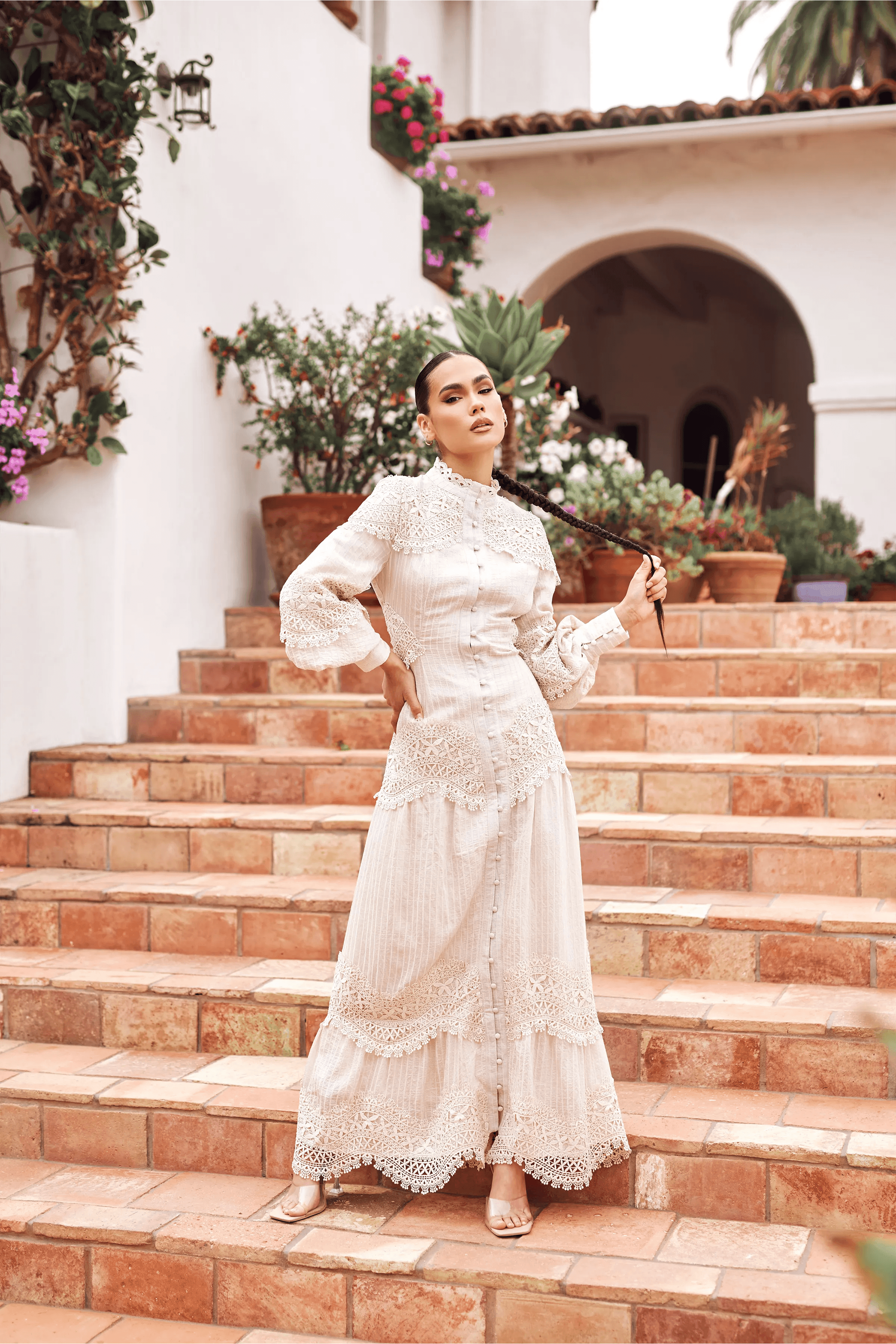 Amanda Lace Ribbed Cotton Maxi Dress for Women - Elegant Cream Long Dress for Summer, Beach, Wedding & Special Occasions