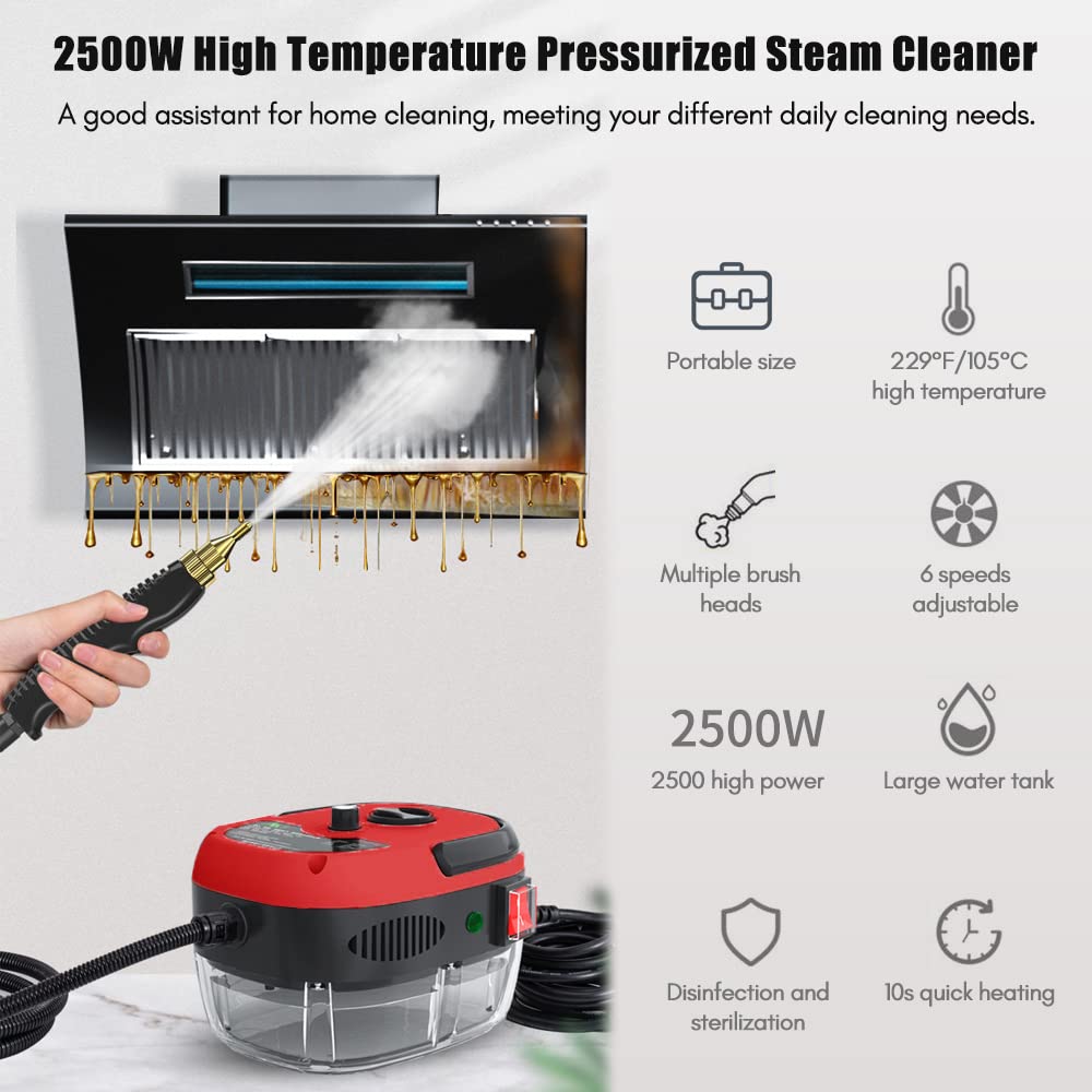 2500W Portable Handheld Steam Cleaner - High Temperature Pressurized Steam Cleaning Machine with 5 Brush Attachments for Kitchen, Bathroom, Car, Floors & Furniture | Multi-Surface Deep Cleaning for Grease, Grime & Stains | Red (Ideal for Home, Office & Auto Detailing)
