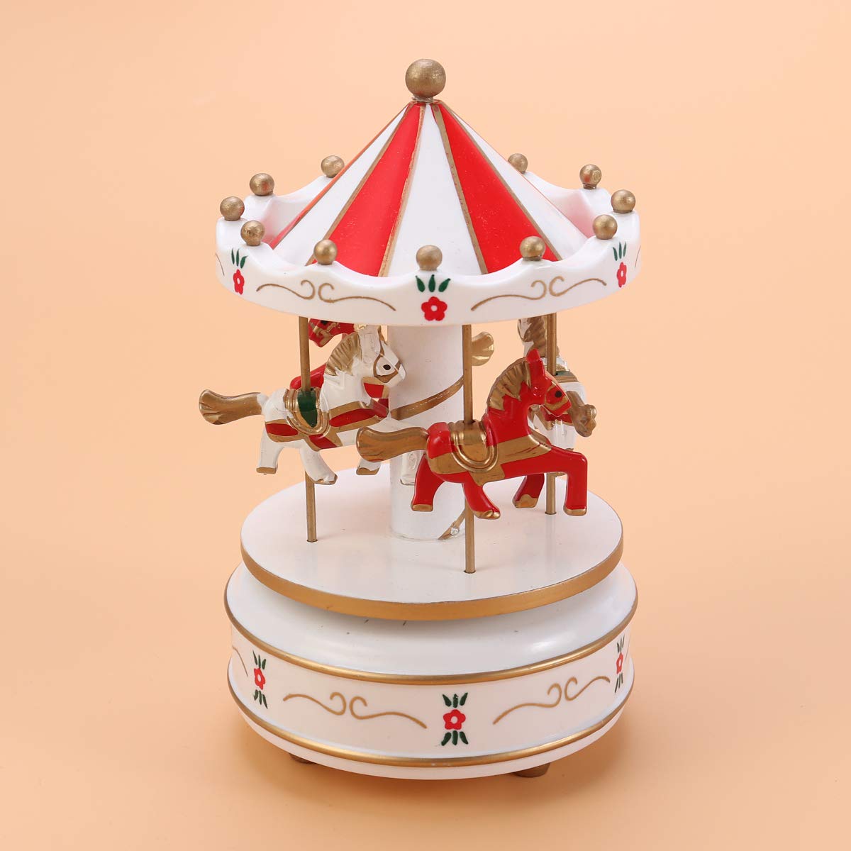 Vosarea Wooden Carousel Music Box - Handcrafted Decorative Desktop Musical Toy with Melodies | Perfect Gift for Christmas, Birthday, Valentine's Day | Home Decor, Nursery Room, Wedding Centerpiece (Red)