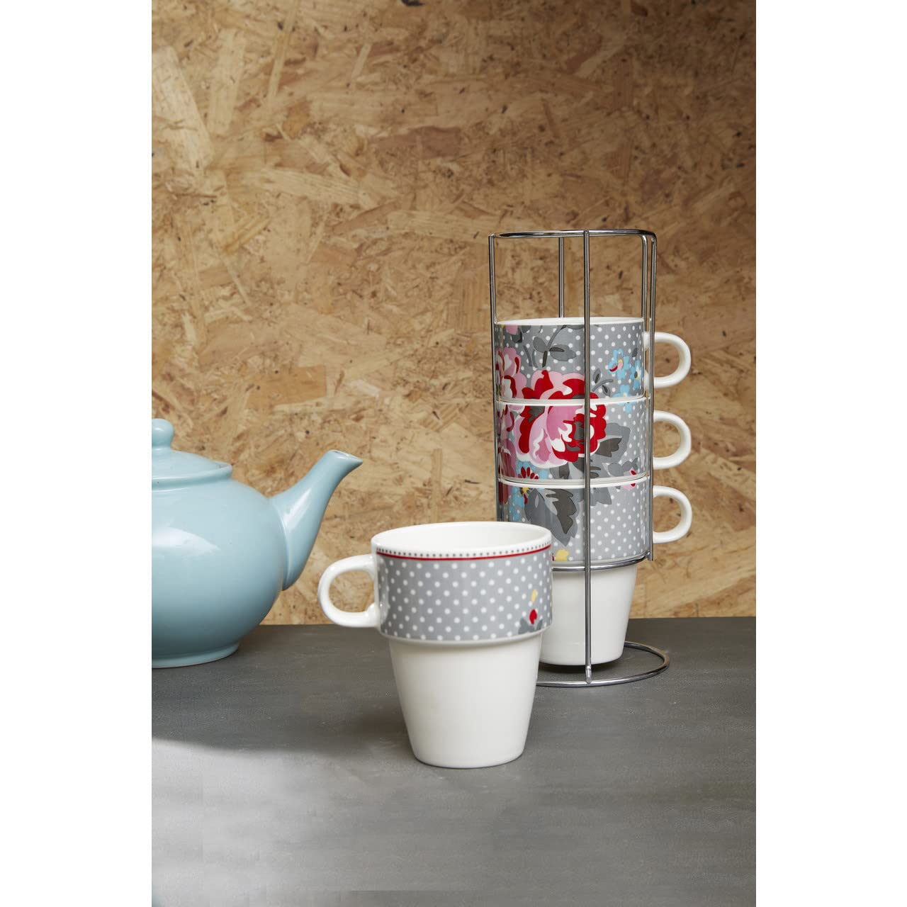 Premier Housewares 4-Piece 330ml Espresso Coffee Cups Set - Bone China with Chrome Stacking Mug Holder (10.5x11x8.5cm Each, 25x11x11cm Stand) - Perfect for Home, Café & Office Use