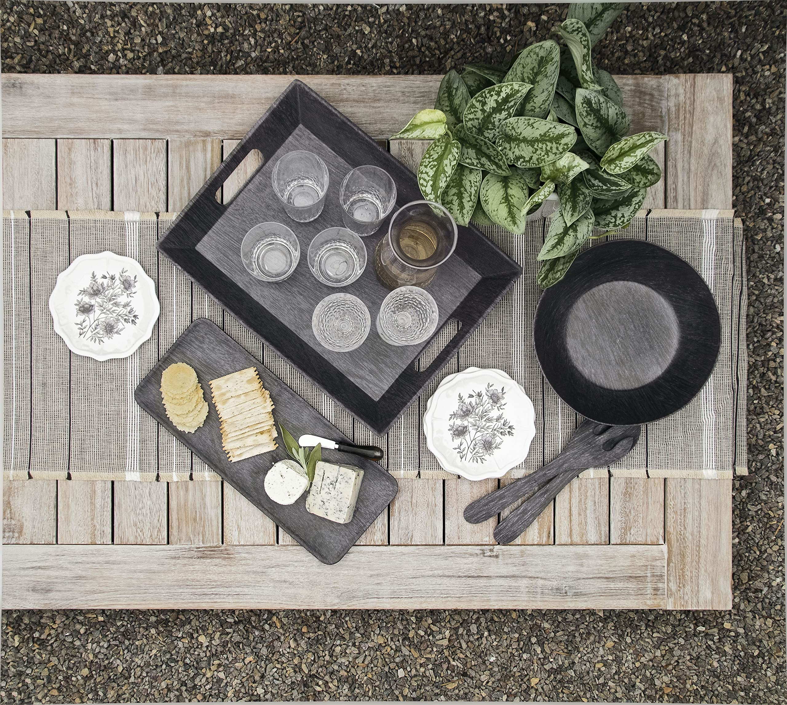 Eco-Friendly Blackened Wood Rectangular Serving Tray - 17.8 x 7.5 Inches, Shatterproof Melamine for Indoor & Outdoor Use - Perfect for Dining, Entertaining, and Home Decor