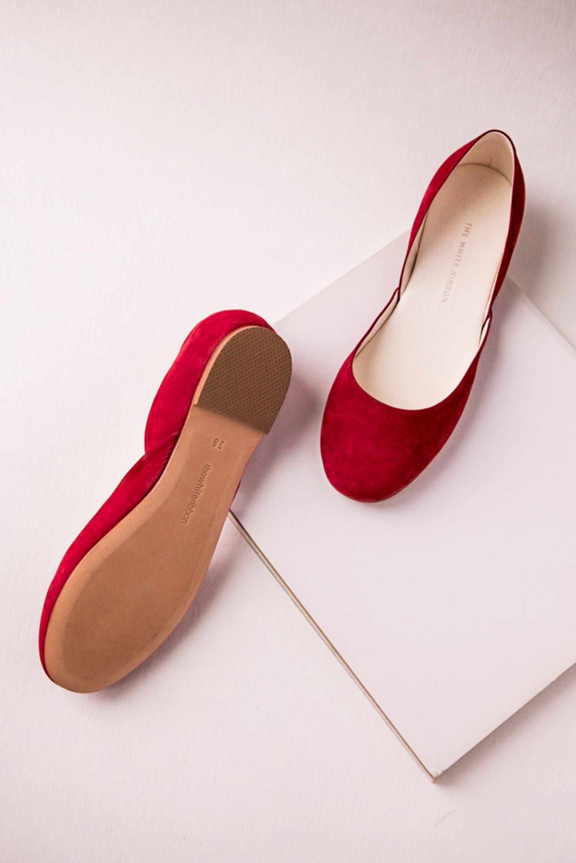THEA BALLET FLATS Women's Comfortable Slip-On Shoes - Ruby Red Nubuck Leather for Work, Travel & Casual Wear