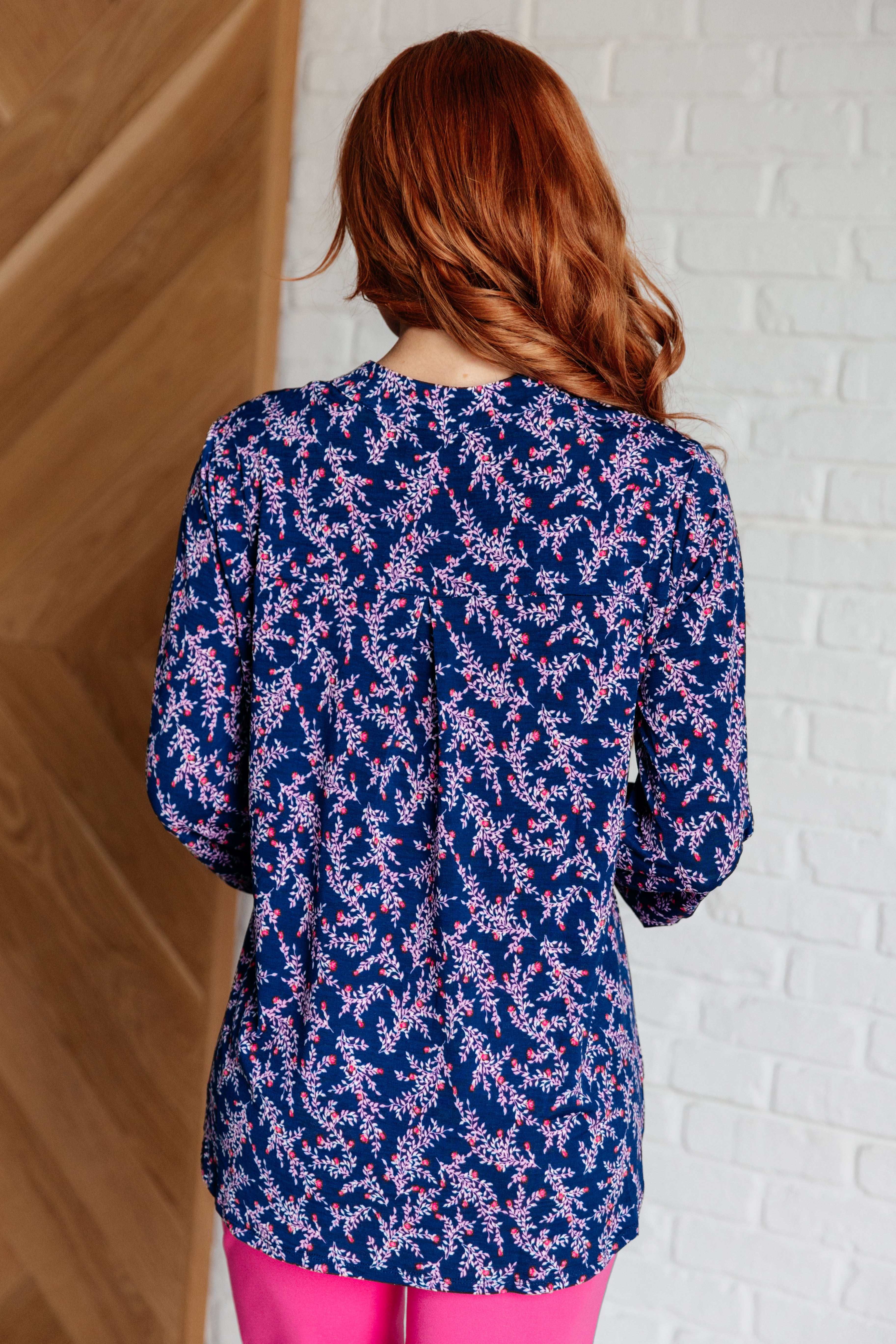Lizzy Top - Navy & Magenta Petite Floral Print Women's Blouse | Casual Wear, Office Outfit, Date Night Fashion