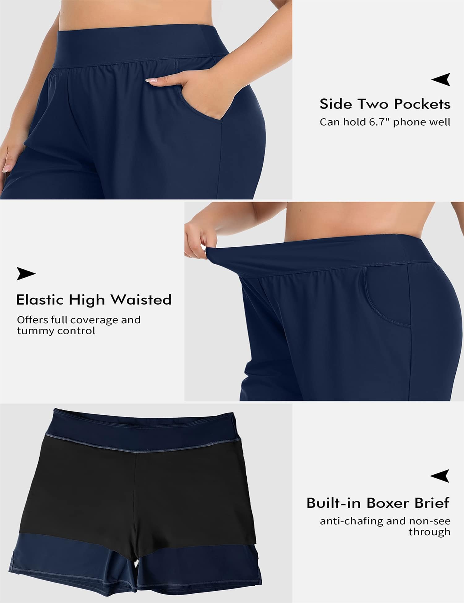 Charmo Women's High Waist Swim Shorts - Tummy Control Board Shorts in Black & Blue | Plus Size Swimwear for Beach, Pool & Water Sports