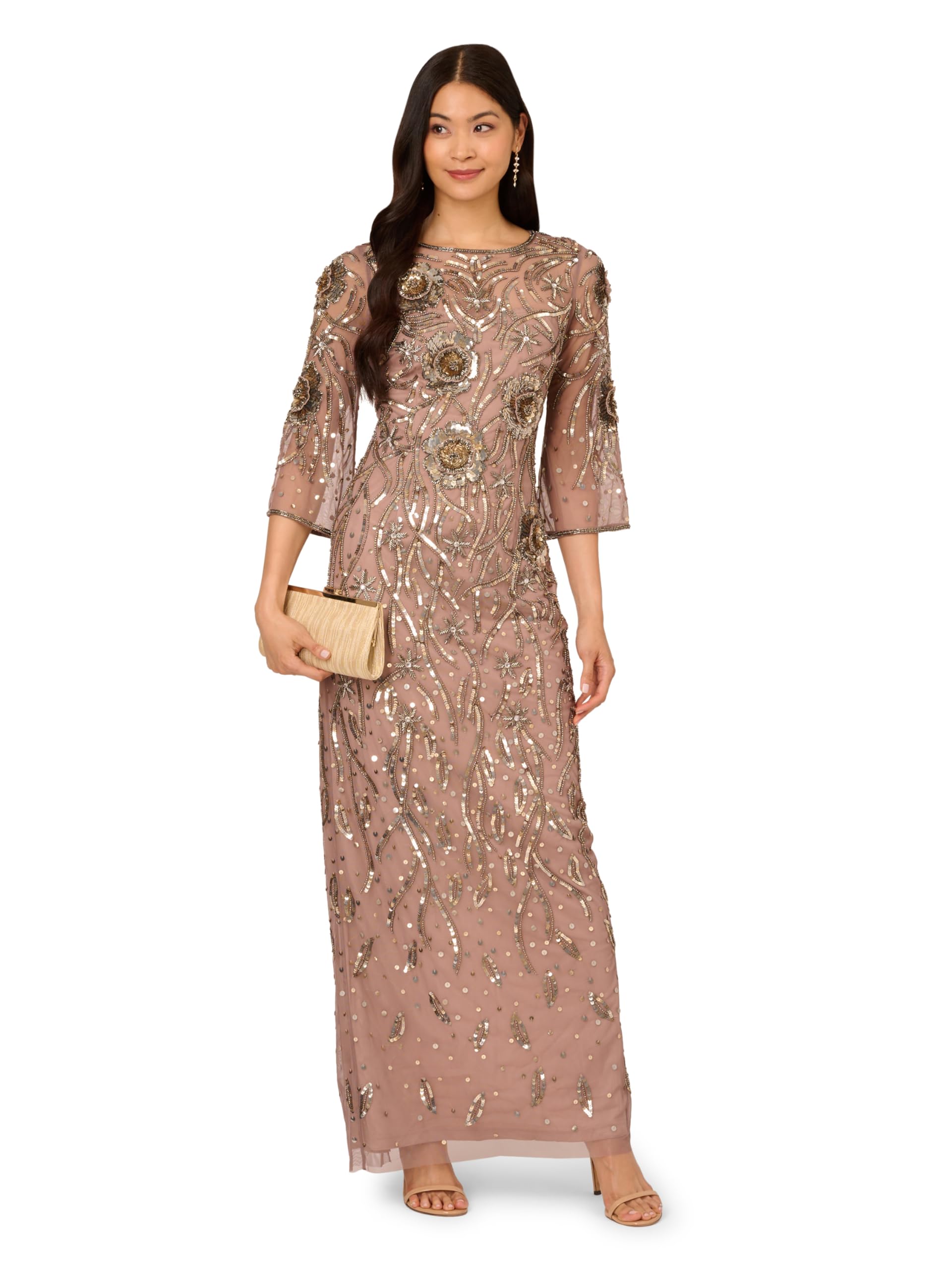 Adrianna Papell Women's Elegant Beaded Mesh Long Evening Gown for Prom, Wedding & Formal Events
