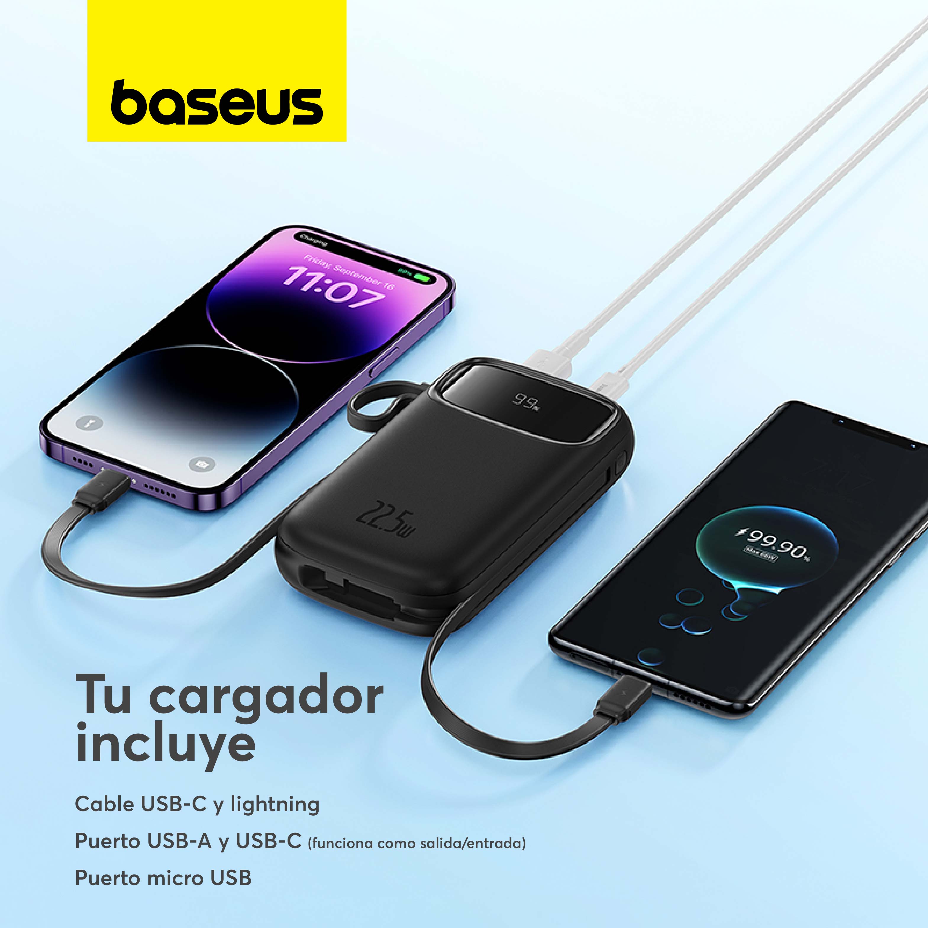 Baseus Qpow2 10000mAh Power Bank with Digital Display - 22.5W Fast Charging Portable Charger with Lightning & Type C Cables (Black) - Perfect for Travel, Camping & Emergency Power Backup
