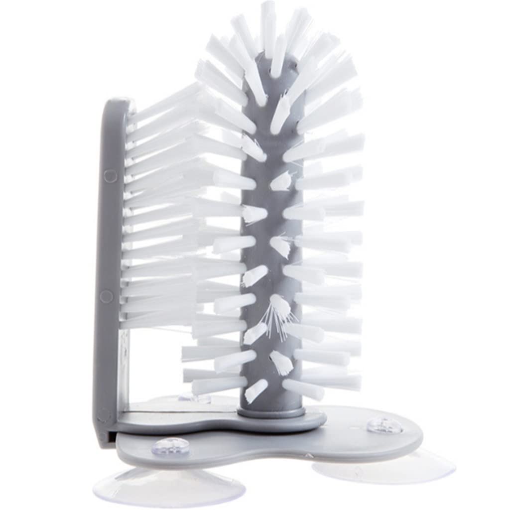 SCDZS 2-in-1 Glass & Bottle Cleaning Brush with Suction Cup - Dual Head Scrubber for Wine Glasses, Mugs, Sink Accessories (Gray, 17.5cm x 14cm) - Perfect for Kitchen, Bar, and Dishwashing