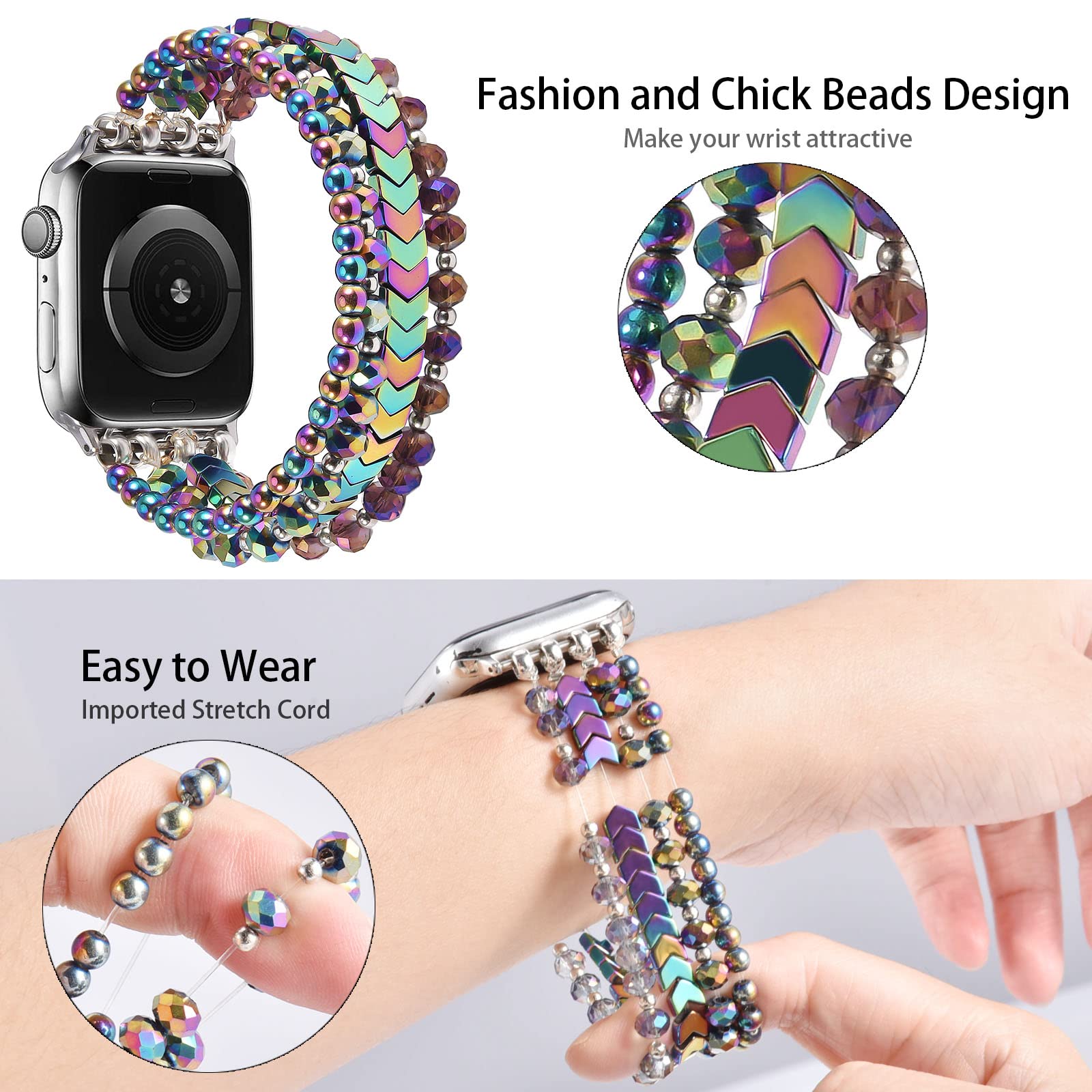 MOFREE Beaded Stretch Bracelet Compatible with Apple Watch 40mm/38mm/41mm (Series 7/SE/6/5/4/3/2/1) - Handmade Elastic Fashion Band for Women - Perfect for Workouts, Office Wear & Casual Outfits