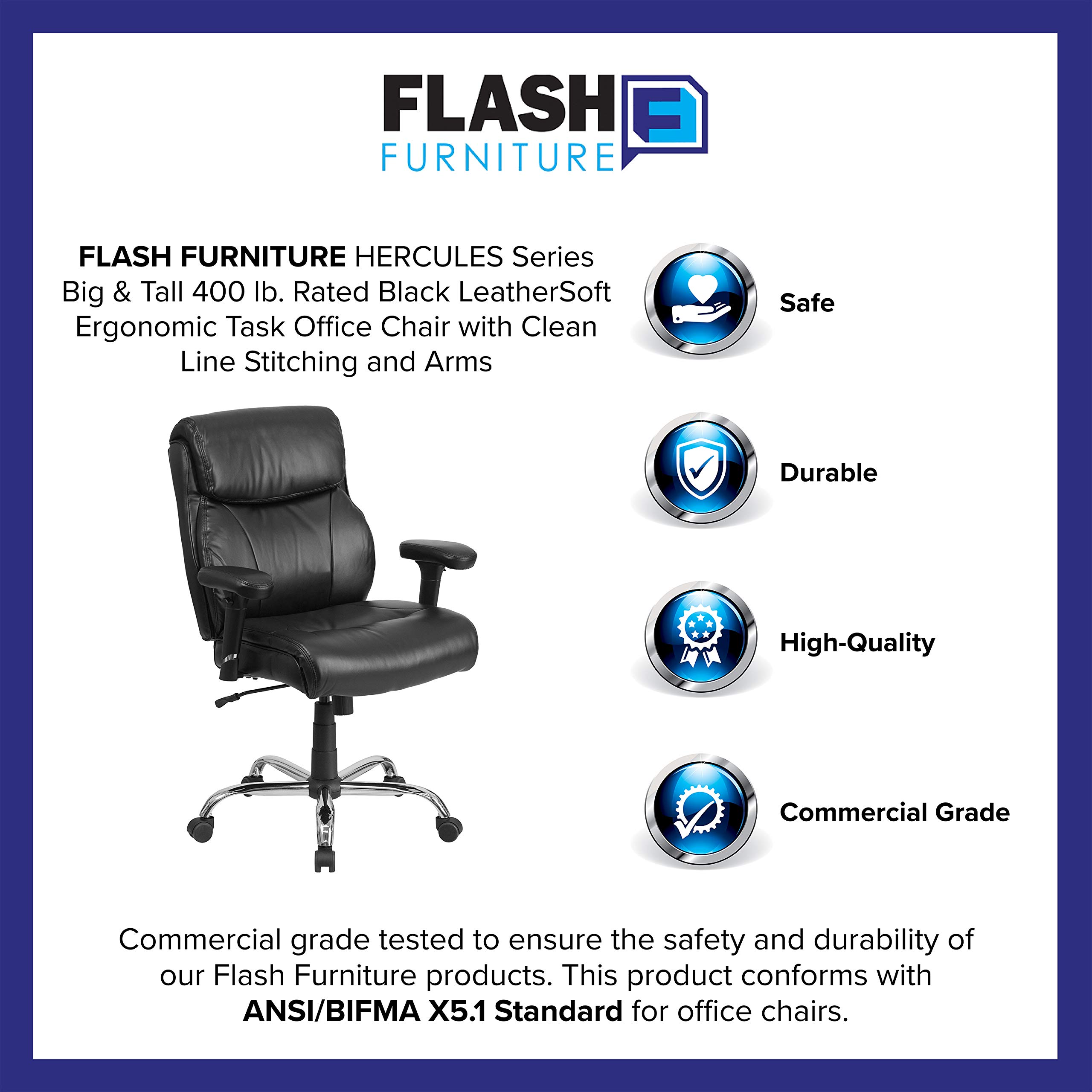Flash Furniture HERCULES Series Big & Tall 400 lb. Capacity Black LeatherSoft Ergonomic Office Chair with Adjustable Arms - Perfect for Home Office, Gaming & Executive Workspaces