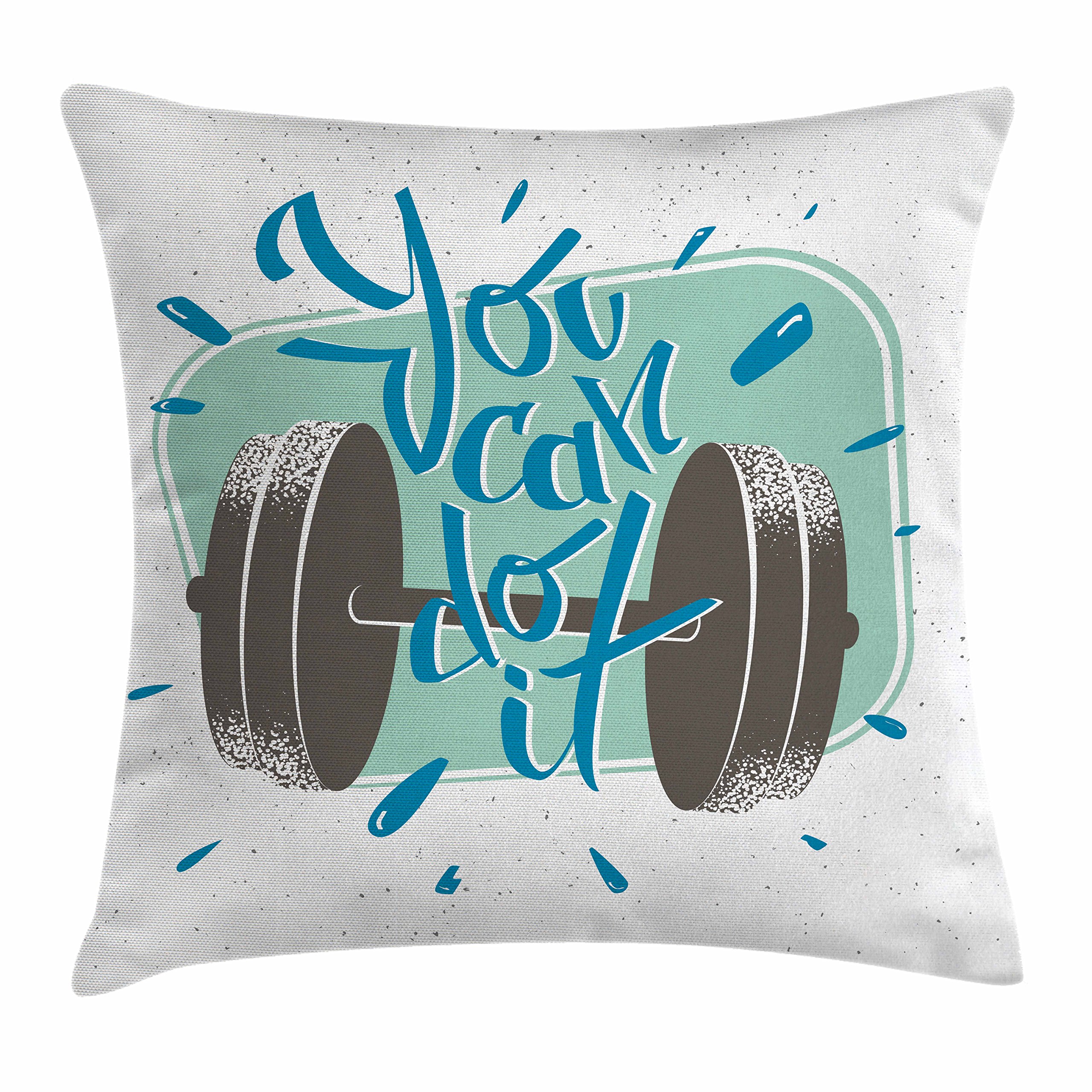 Ambesonne Fitness Throw Pillow Cover 36x36 Inch - Retro Dumbbell Design with Motivational 'You Can Do It' Phrase, Decorative Square Pillow Case in Grey Almond Green Blue - Perfect for Gym, Home Workout Room & Fitness Enthusiast Decor