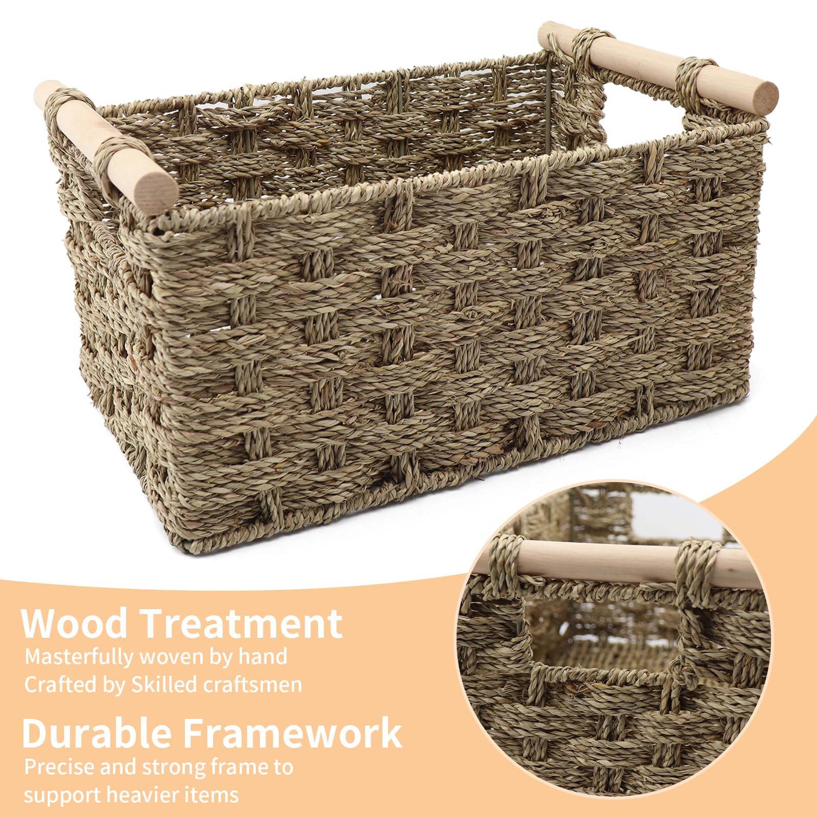 Large Seagrass Storage Basket with Wooden Handles - Home Organization for Bathroom & Kitchen