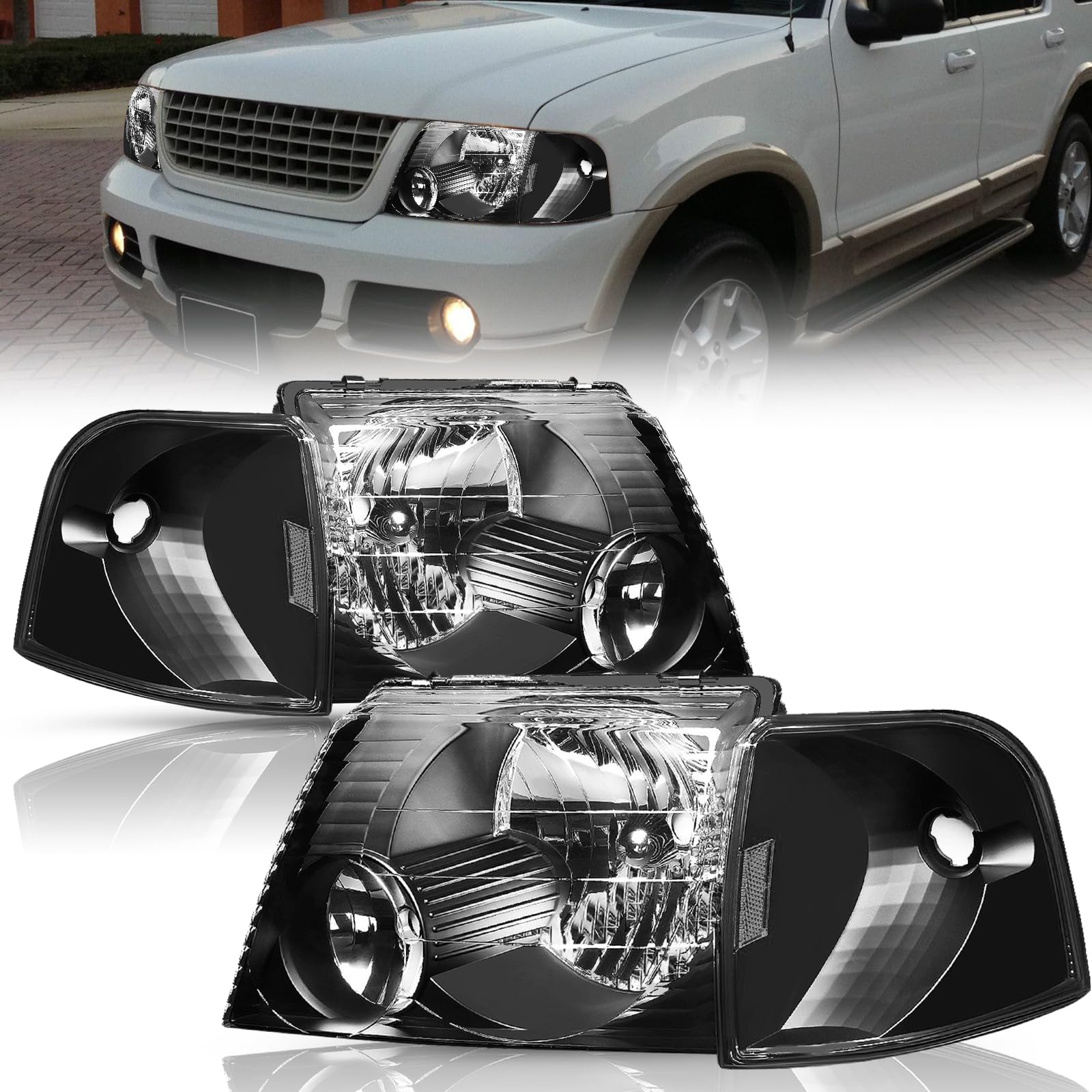 2002-2005 Ford Explorer Headlight Assembly with Corner Lights - 4pc Set (Driver & Passenger Side) - Black Housing & Clear Reflector - Replacement for Night Driving & Off-Road Use