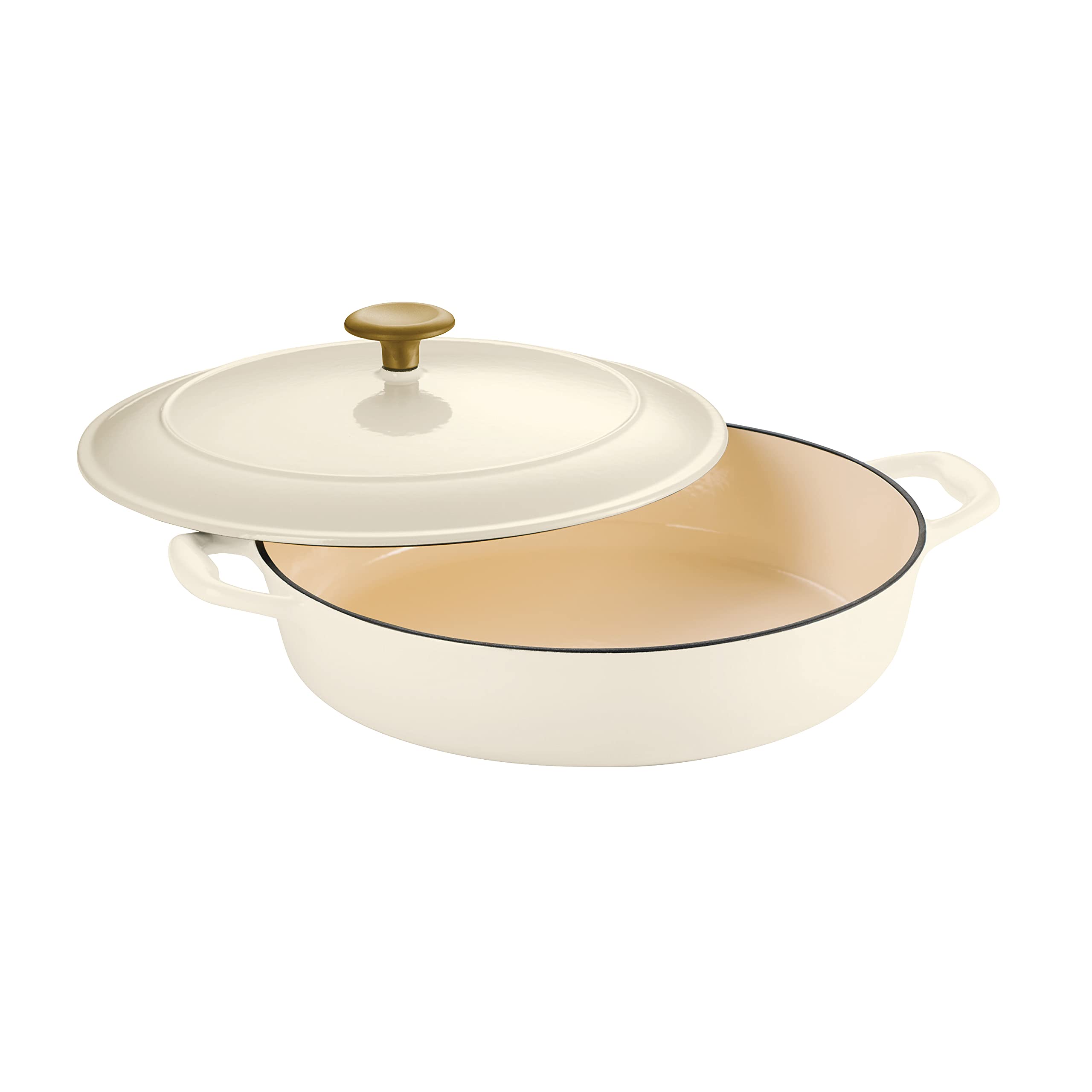 Tramontina 4-Quart Enameled Cast Iron Braiser Pan with Lid - Latte Color, Gold Knob - Perfect for Searing, Braising & Slow Cooking in Oven or Stovetop