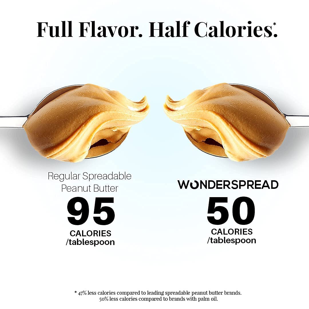 Wonderspread Half-Calorie Gourmet Peanut Butter - Low Calorie (100cal/2tbsp), Keto-Friendly (1g Net Carbs), Palm Oil Free, 12oz Jar - Perfect for Weight Loss, Healthy Snacks & Low-Carb Diets