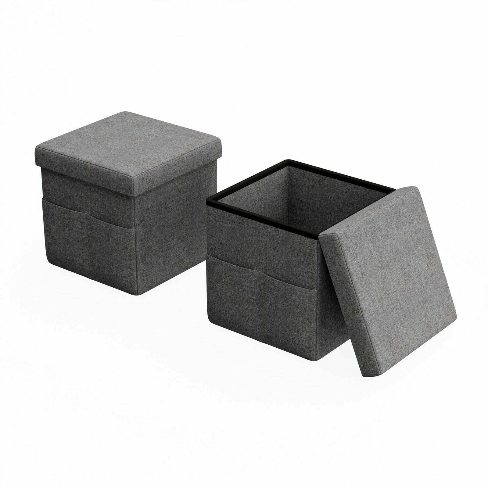 GXK 15x15 Inch Foldable Storage Ottoman with Pockets & Lid - Set of 2, Multi-Functional Foot Stool for Living Room, Bedroom, or Nursery Organization