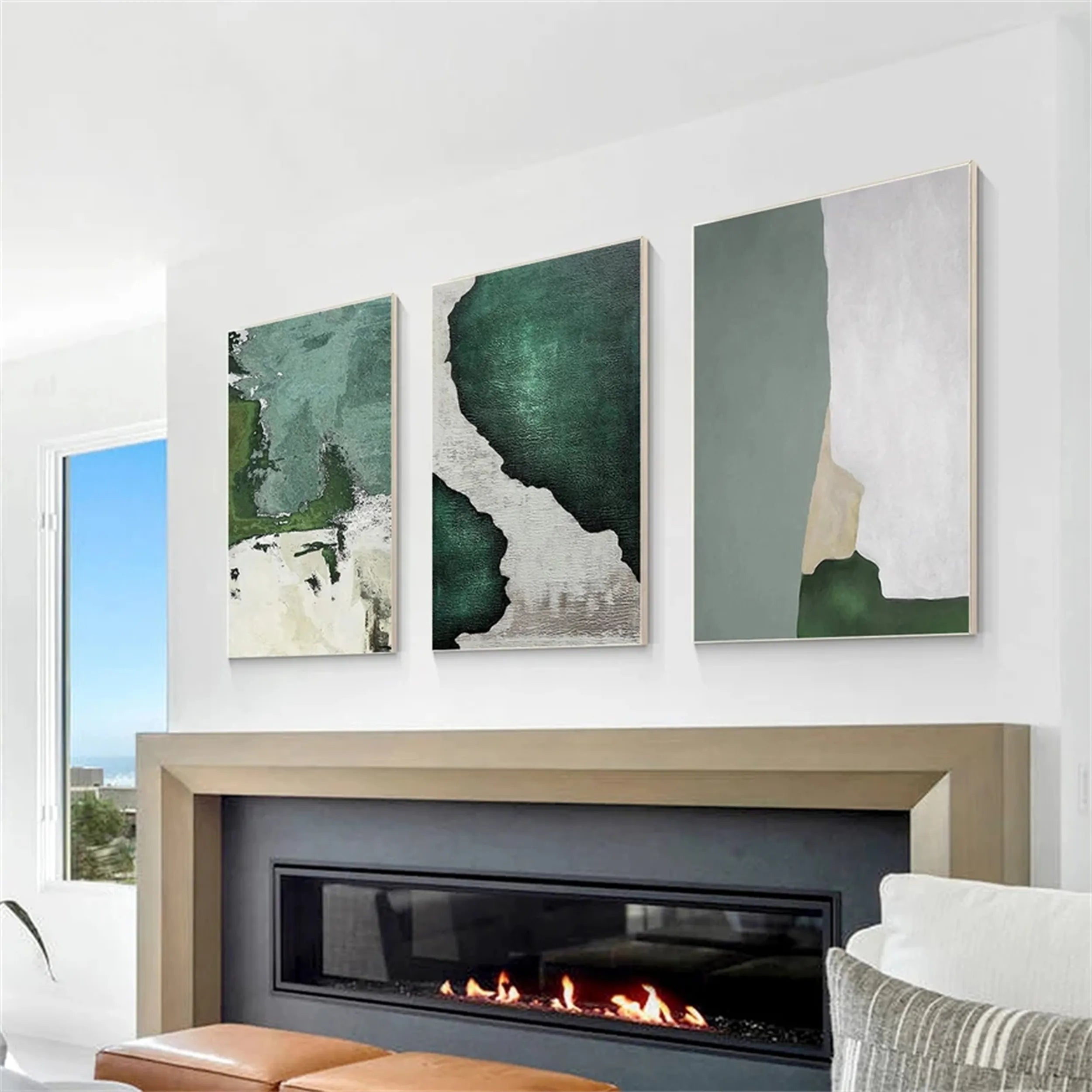 Blue & Green Abstract Wall Art Set of 3 Paintings - Modern Canvas Prints for Living Room, Bedroom & Office Decor | BG081
