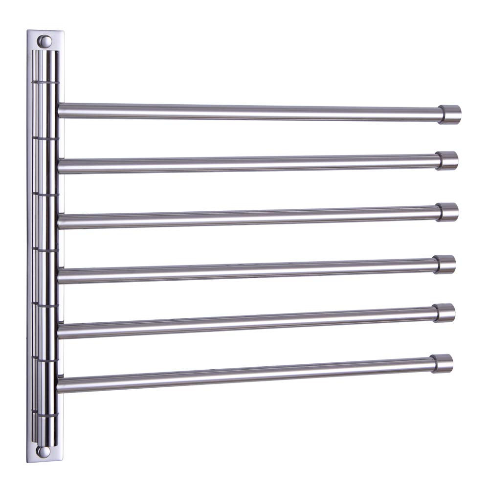 Stainless Steel Swing Out Towel Bar - 6-Arm Folding Towel Rack with Swivel Hanger, Wall Mount Bathroom Organizer for Hand & Kitchen Towels | Polished Finish for Modern Homes (Ideal for Small Spaces & Spa-Style Bathrooms)