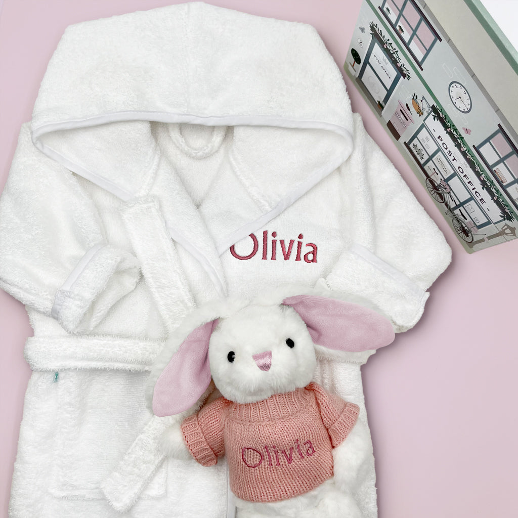 Personalized Pink Bunny Bathrobe and Hamper Set for Toddlers 1-2 Years - Soft White Baby Bathrobe for Bath Time, Nursery, and Gift Giving