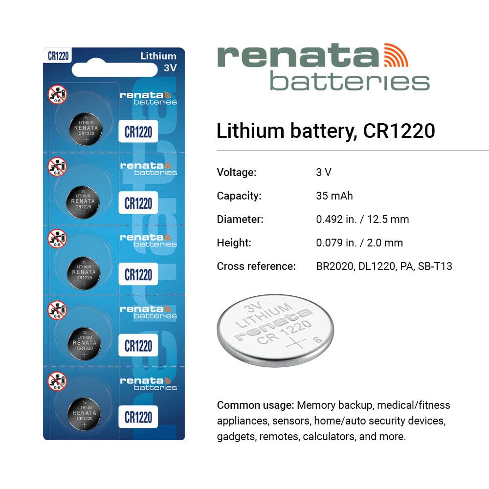 Renata CR1220 3V Lithium Coin Cell Batteries (25-Pack) - Long-Lasting Power for Watches, Calculators, Key Fobs & Small Electronics