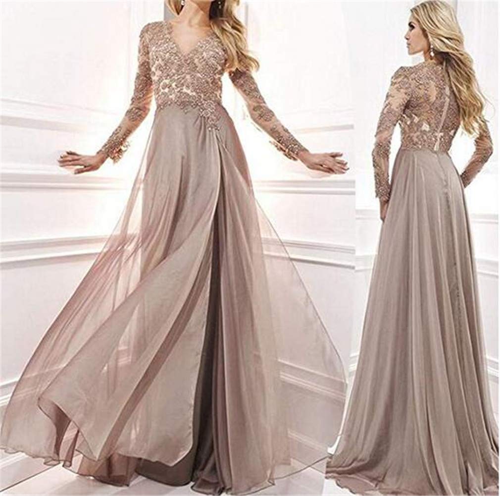 Emmani Women's Elegant V-Neck Lace Wedding Dress with Long Sleeves & High Slit - Perfect for Evening Gala, Formal Party & Bridal Occasions