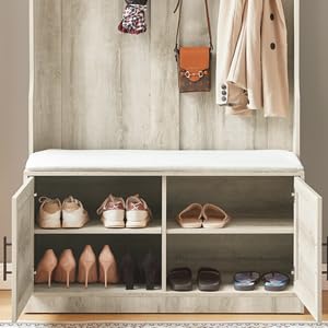 Farmhouse Hall Tree with Padded Storage Bench - Entryway Coat Rack & Shoe Cabinet - White Oak Mudroom Organizer for Coats, Shoes & Accessories - Perfect for Small Spaces, Apartments & Farmhouse Entryways