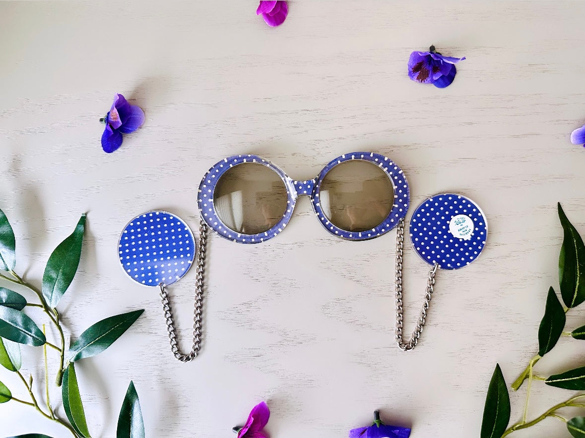 Vintage 70s Je Dol Sunglasses - Purple Polkadot Mod Chain Sunglasses from 1960s | Authentic 1970s Deadstock Retro Eyewear | Perfect for Music Festivals, Beach Days & Vintage Fashion Outfits