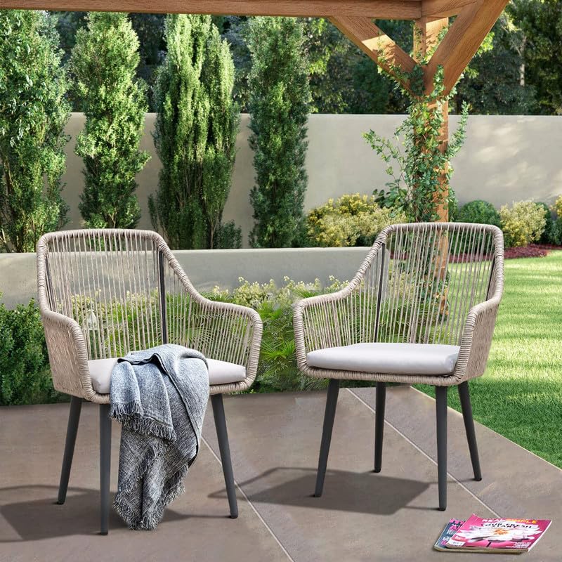 JOIVI 2-Piece Outdoor Patio Dining Chairs Set - PE Rattan Armchairs with Cushions, Heavy Duty 350lb Capacity - Perfect for Garden, Backyard, Poolside & Patio Furniture (Beige) | Weather-Resistant for Year-Round Outdoor Use