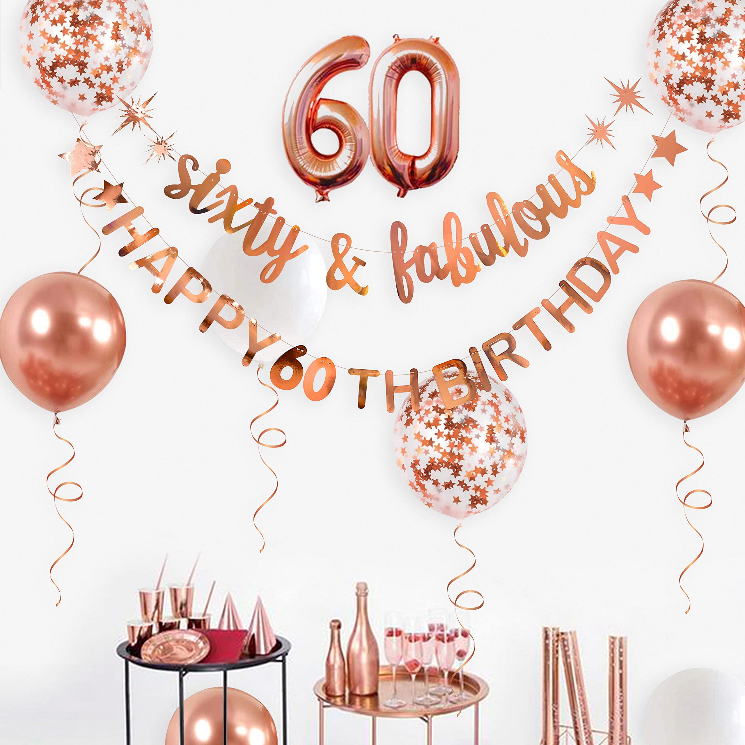 60th Birthday Decorations - Rose Gold 'Sixty & Fabulous' Banner, Garland & Foil Balloons for Women | Cheers to 60 Party Supplies | Perfect for Milestone Birthday Celebrations, Retirement Parties & Anniversary Decor