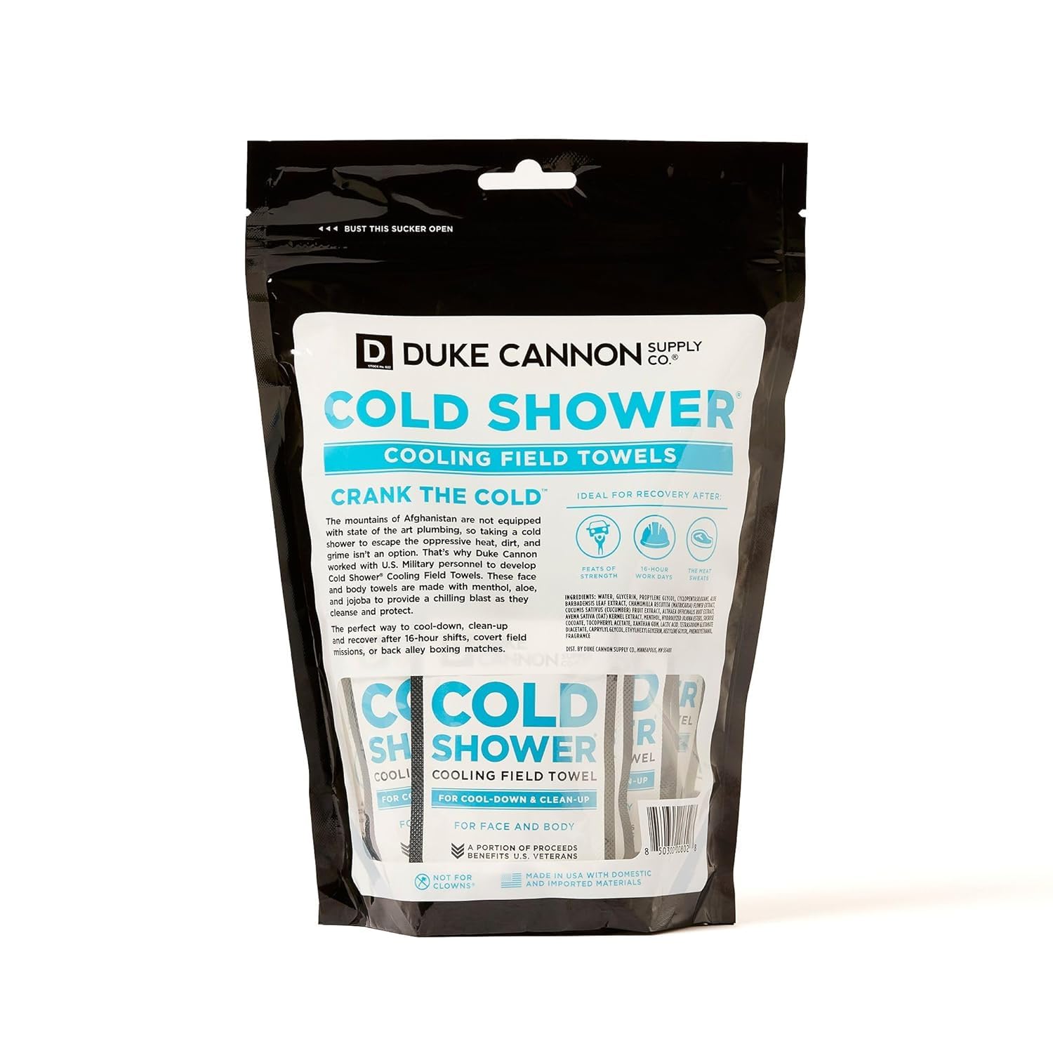 Duke Cannon Cold Shower Cooling Field Towels - Refreshing Face & Body Wipes for Men, 2 Pack (30 Count) | Perfect for Gym, Camping, Travel & Post-Workout Refreshment