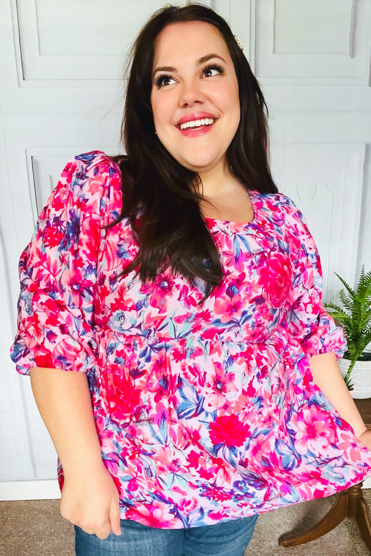 Feeling Femmi Pink & Fuchsia Floral Peplum Woven Top for Women - Elegant Blouse for Spring Summer Outfits, Date Night & Office Wear