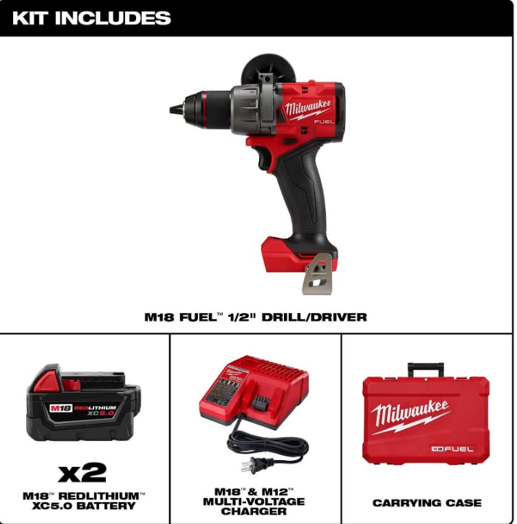 Milwaukee M18 FUEL 18V Cordless 1/2 Inch Drill Driver Kit with Battery and Charger - Powerful Electric Drill for Woodworking, Metal Drilling & DIY Home Projects