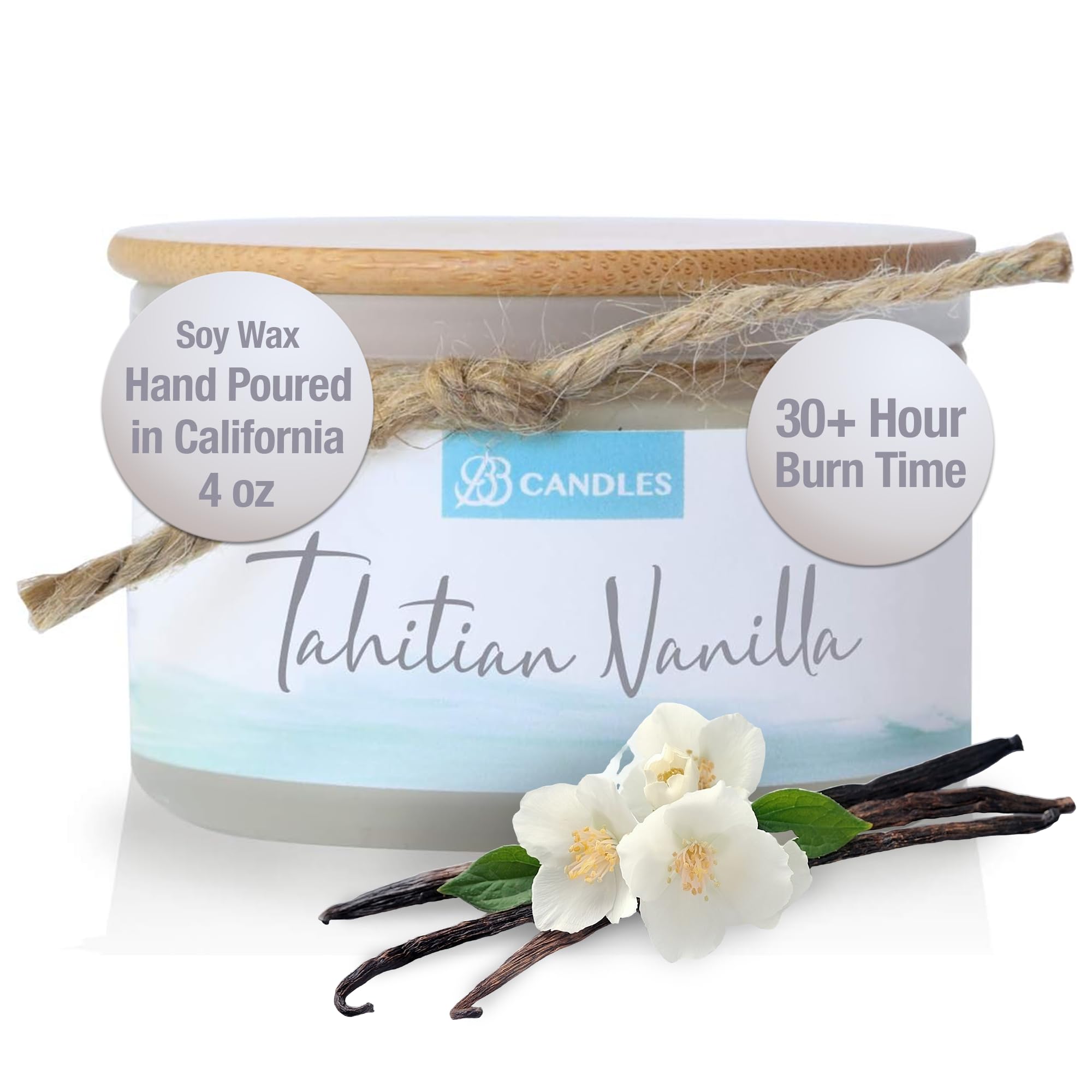 Natural Soy Hand-Poured Candle - Tahitian Vanilla Scent | 4oz Artisan Candle with 30+ Hours Burn Time | Strong Fragrance for Home, Office & Relaxation | Coastal Essentials Scented Candle for Aromatherapy & Gift Giving