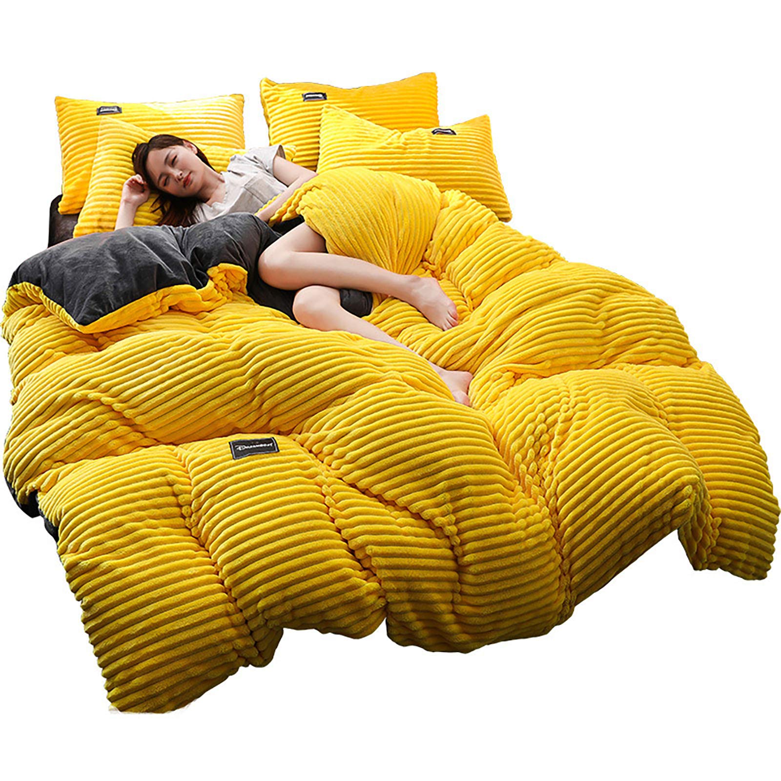 Soft Corduroy Comforter Cover Set - 4 Piece Reversible Velvet Bedding Set for Full Size Bed, Warm Coral Fleece Flannel Duvet Cover (Yellow, 1.5m) - Cozy Winter Bedroom Upgrade for Guest Rooms & Dorm Decor