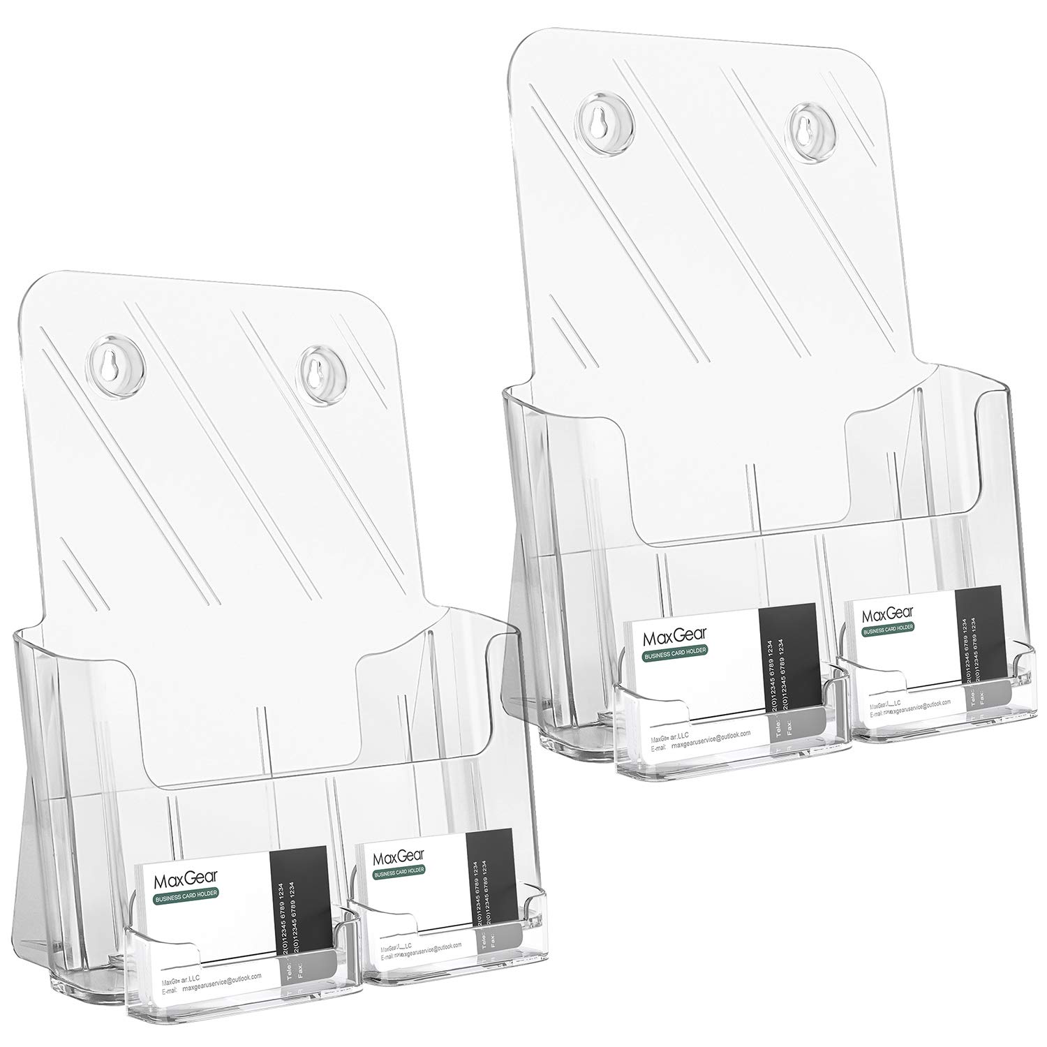 MaxGear 2 Pack Clear Acrylic Brochure Holders for 8.5x11 Flyers - Plastic Literature Display Rack for Magazines, Pamphlets, Menus - Includes 4 Pack Business Card Holders - Perfect for Offices, Restaurants, Retail Stores & Events