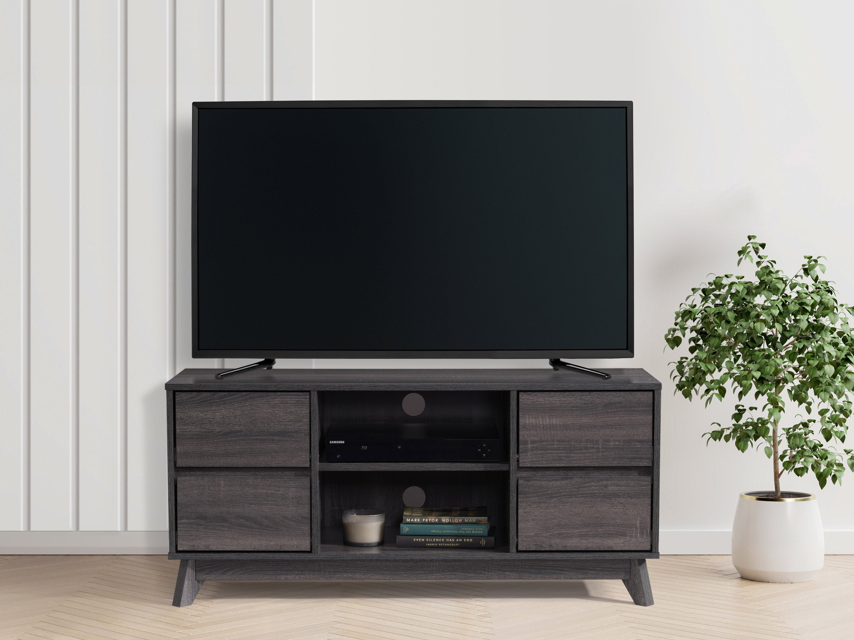 Modern TV Stand for 55 Inch Flat Screen TVs - Sturdy Wooden Entertainment Center with Storage Shelves for Living Room, Bedroom & Home Theater Setup