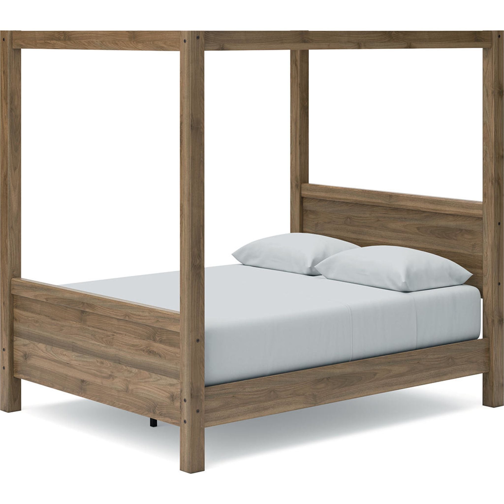 Aprilyn Queen Canopy Bed with Honey Finish - Elegant Four Poster Bed Frame for Master Bedroom Decor, Romantic Bedroom Design & Luxurious Sleeping Experience