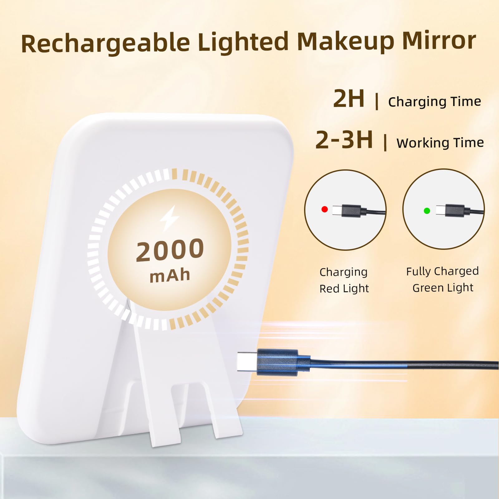 360° Swivel Rechargeable LED Makeup Mirror with 3 Adjustable Light Modes - 9.2x8 Inch Desktop Vanity Mirror for Dressing Table, Bathroom & Bedroom Makeup Application