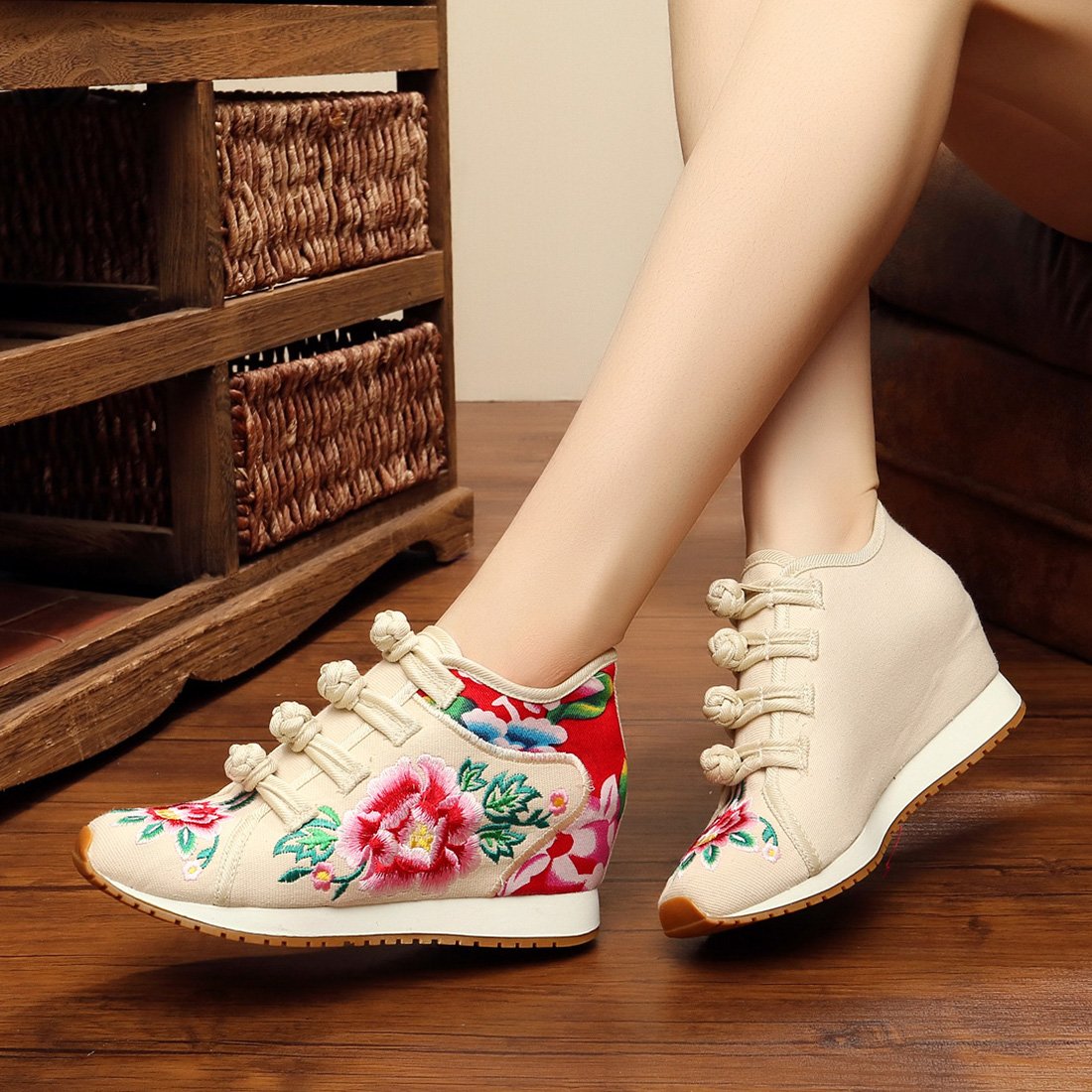 YIBLBOX Women's Chinese Traditional Peony Embroidered Cloth Shoes - Handmade Comfortable Wedge Heel Walking Shoes for Casual Wear, Travel & Cultural Events